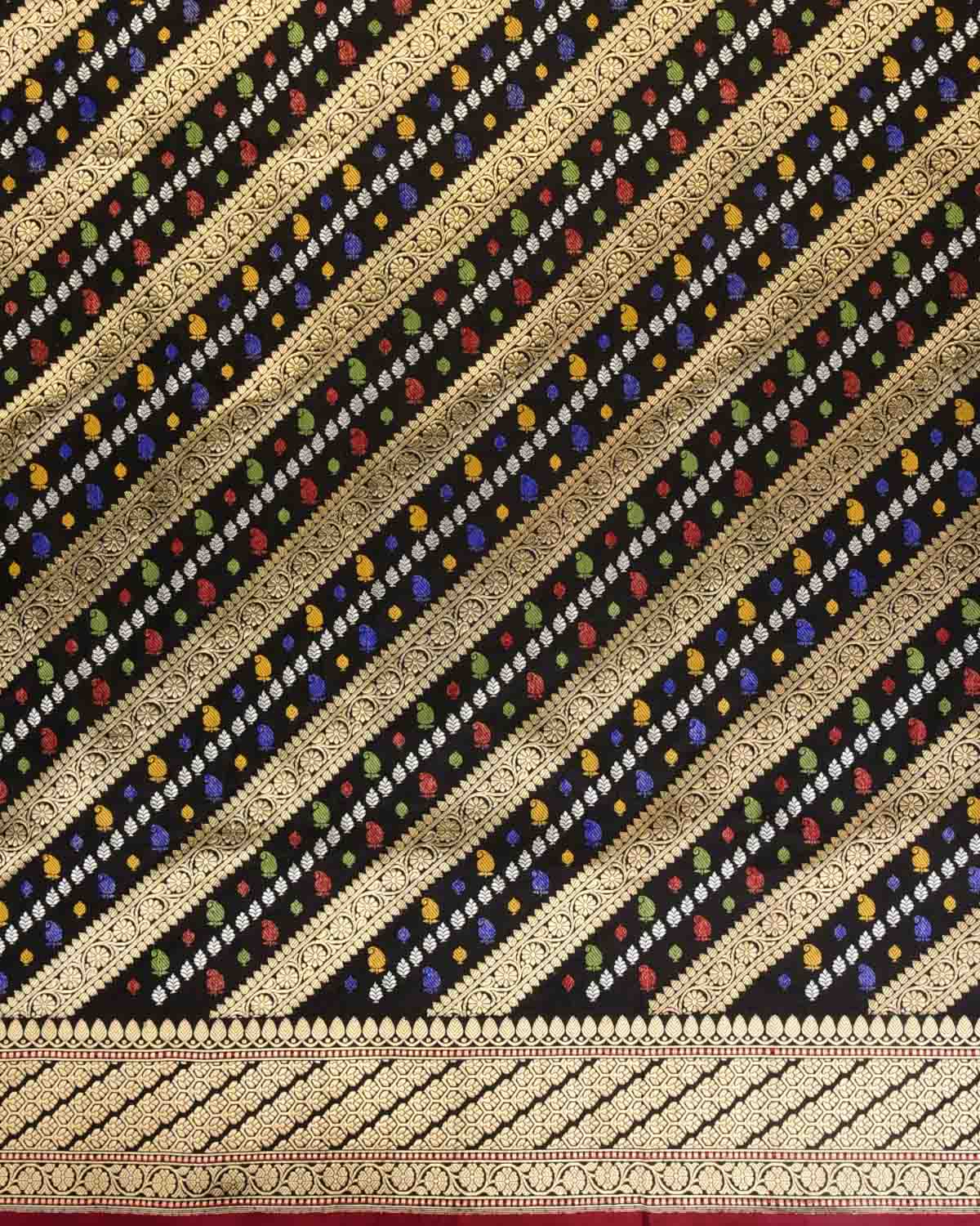 Black Gold Silver Zari and Resham Diagonal Stripes Kadhuan Brocade Handwoven Katan Silk Banarasi Saree-HolyWeaves