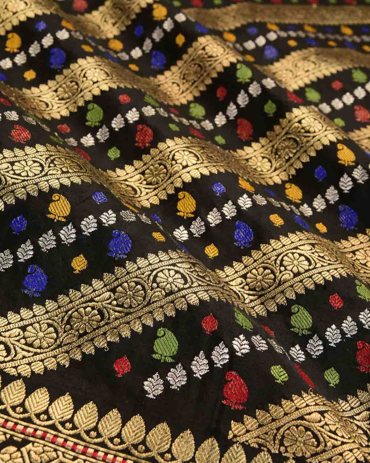 Black Gold Silver Zari and Resham Diagonal Stripes Kadhuan Brocade Handwoven Katan Silk Banarasi Saree-HolyWeaves