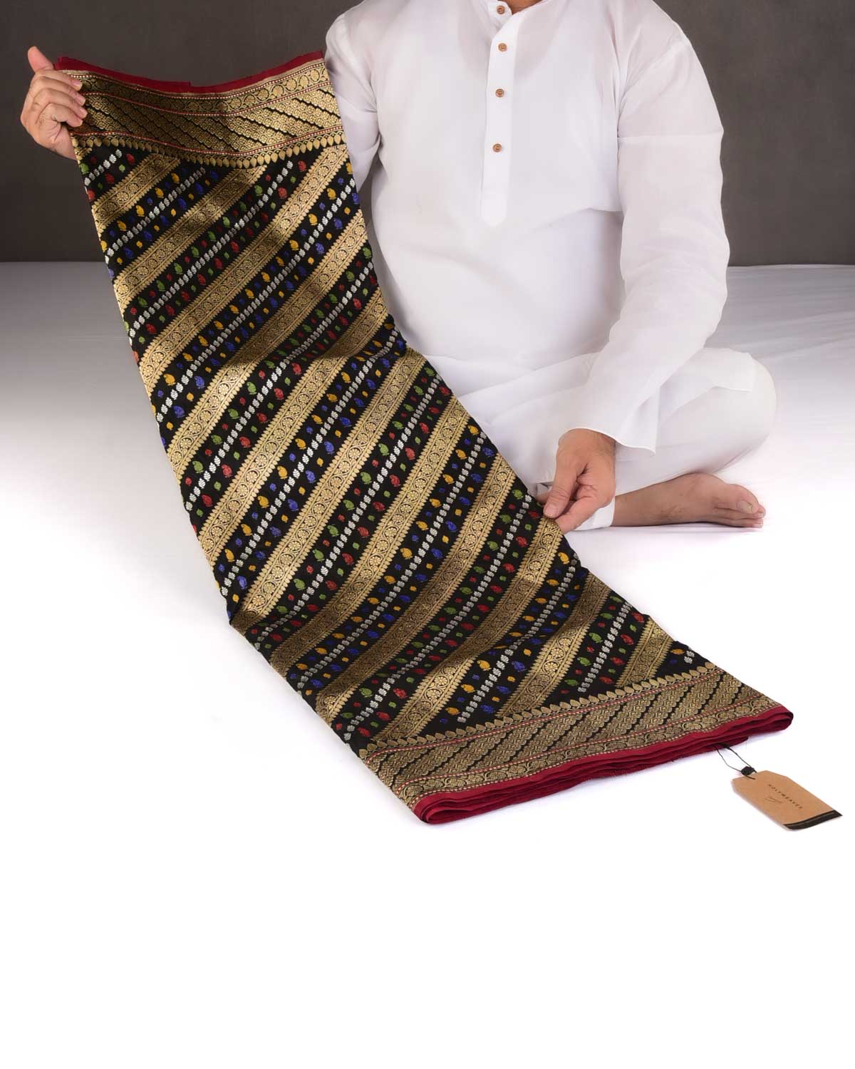 Black Gold Silver Zari and Resham Diagonal Stripes Kadhuan Brocade Handwoven Katan Silk Banarasi Saree-HolyWeaves