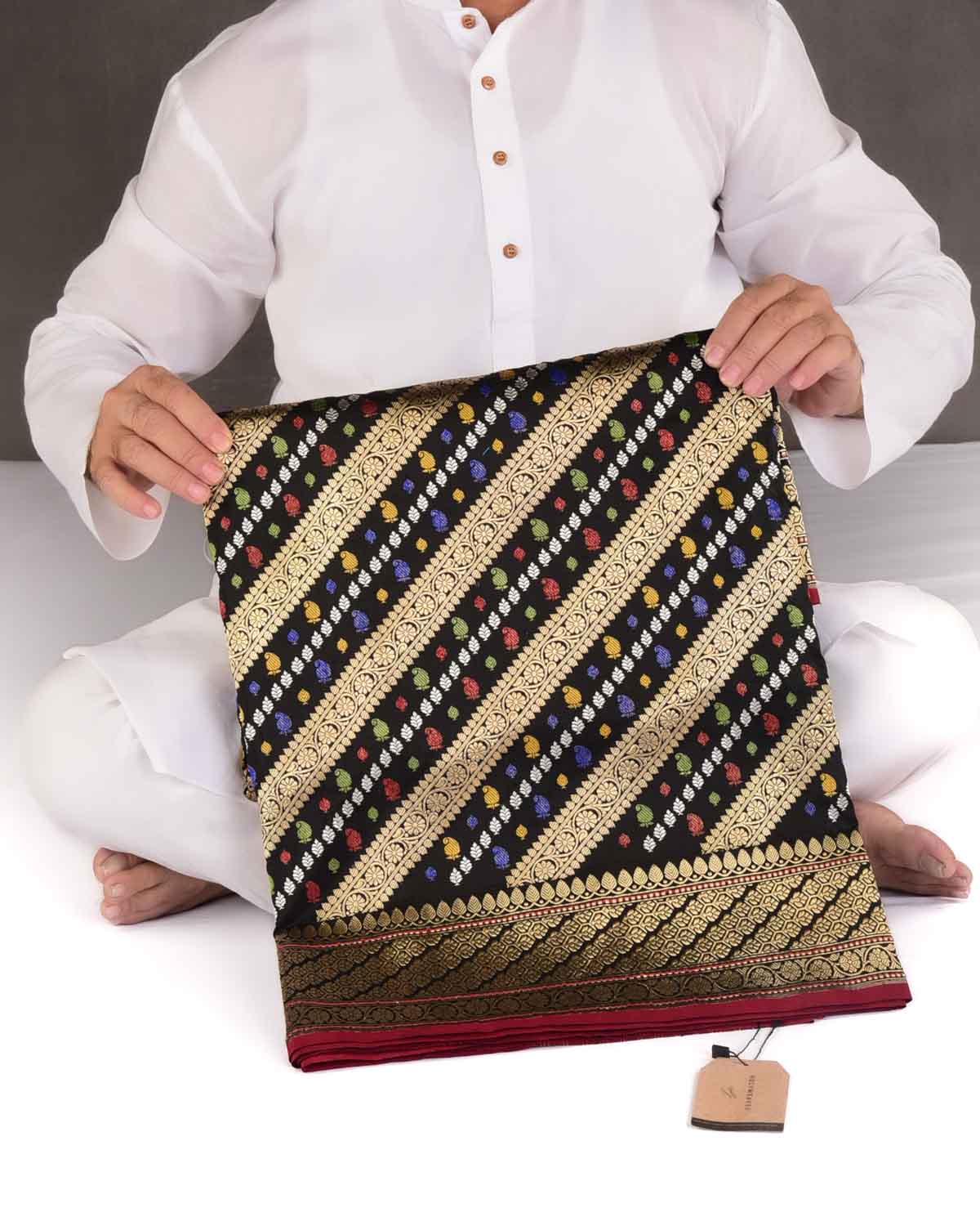 Black Gold Silver Zari and Resham Diagonal Stripes Kadhuan Brocade Handwoven Katan Silk Banarasi Saree-HolyWeaves