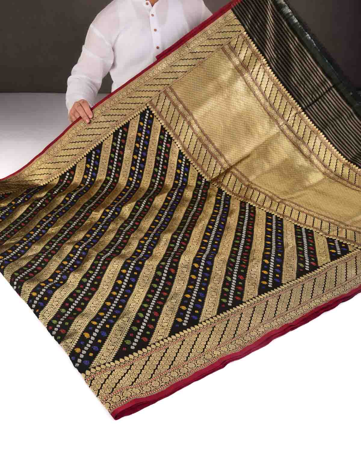 Black Gold Silver Zari and Resham Diagonal Stripes Kadhuan Brocade Handwoven Katan Silk Banarasi Saree-HolyWeaves