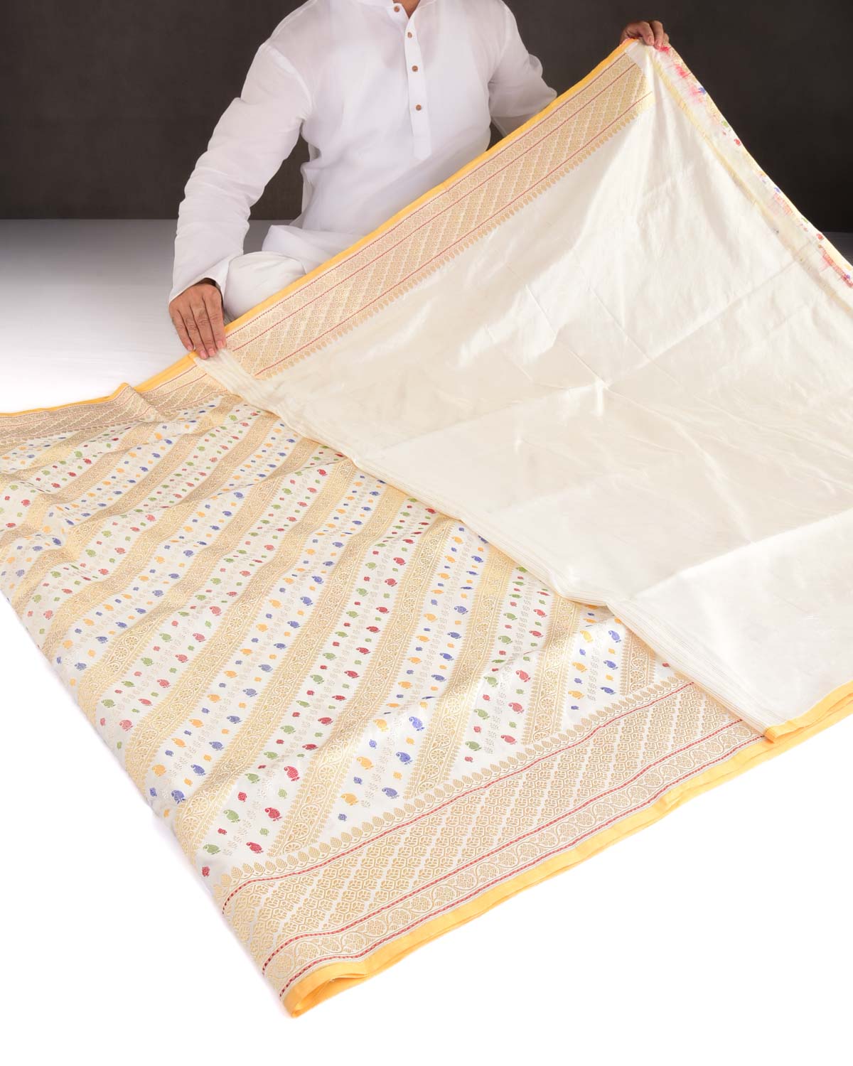 Ivory White Gold Silver Zari and Resham Diagonal Stripes Kadhuan Brocade Handwoven Katan Silk Banarasi Saree-HolyWeaves