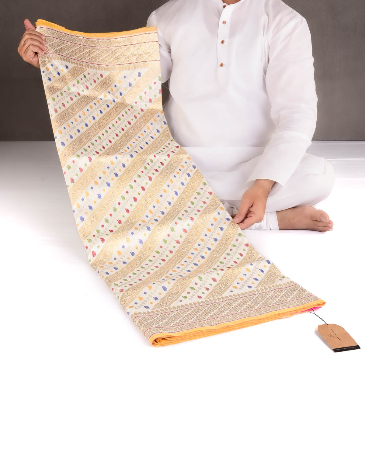 Ivory White Gold Silver Zari and Resham Diagonal Stripes Kadhuan Brocade Handwoven Katan Silk Banarasi Saree-HolyWeaves