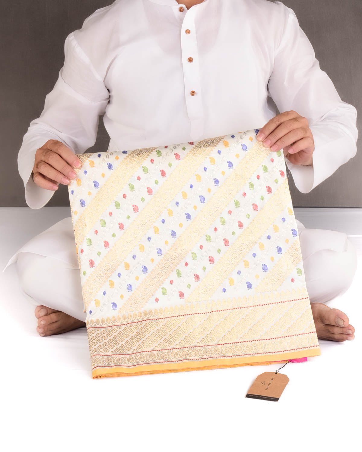 Ivory White Gold Silver Zari and Resham Diagonal Stripes Kadhuan Brocade Handwoven Katan Silk Banarasi Saree-HolyWeaves