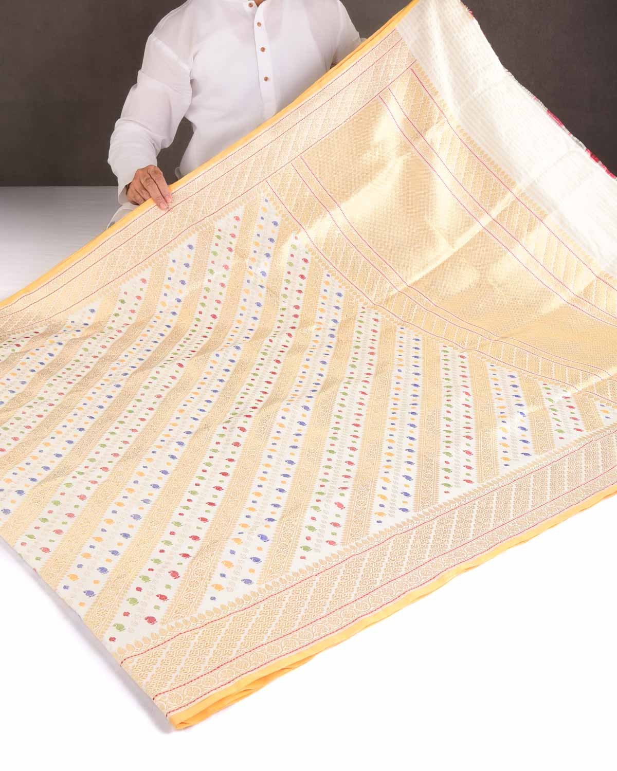 Ivory White Gold Silver Zari and Resham Diagonal Stripes Kadhuan Brocade Handwoven Katan Silk Banarasi Saree-HolyWeaves