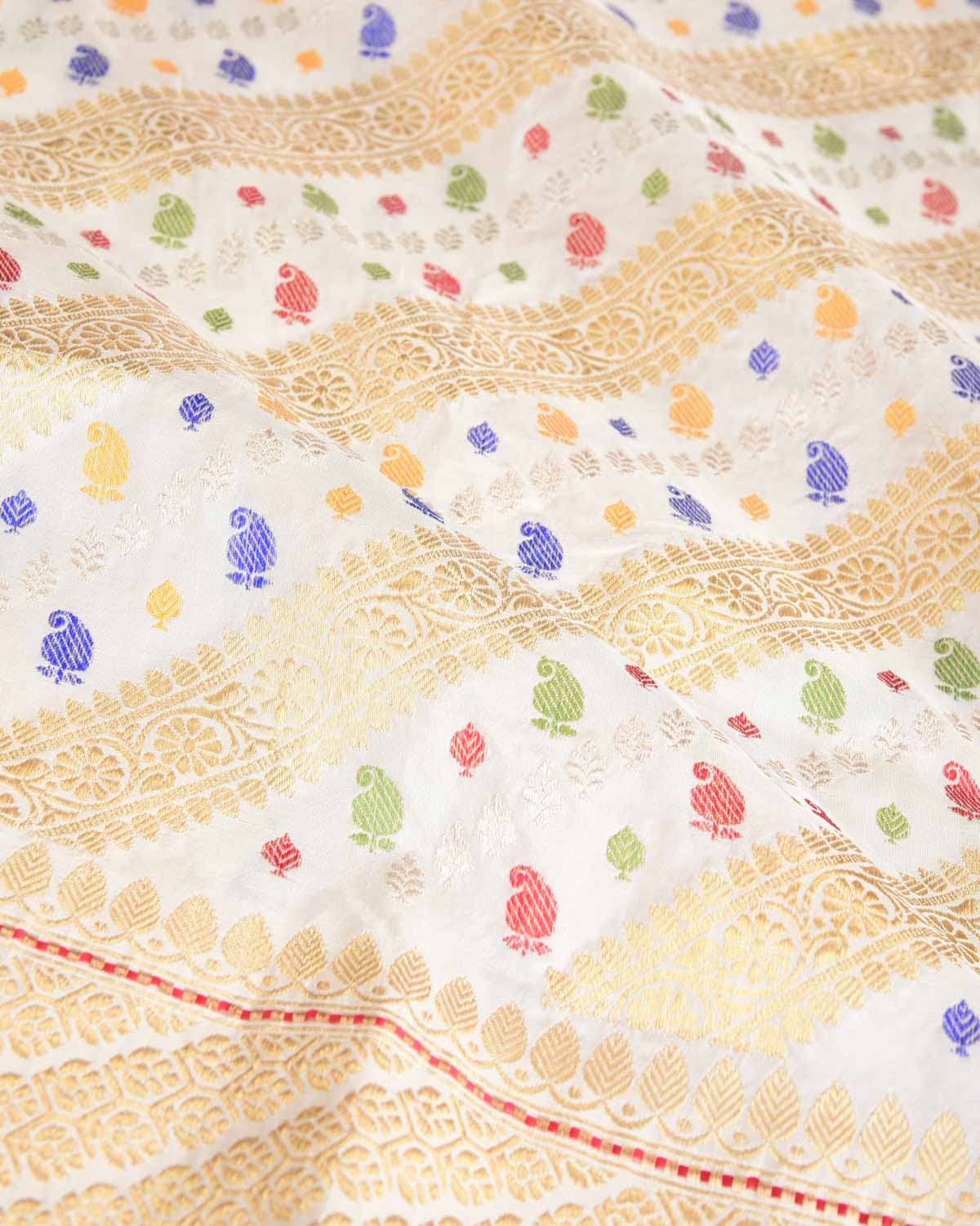 Ivory White Gold Silver Zari and Resham Diagonal Stripes Kadhuan Brocade Handwoven Katan Silk Banarasi Saree-HolyWeaves