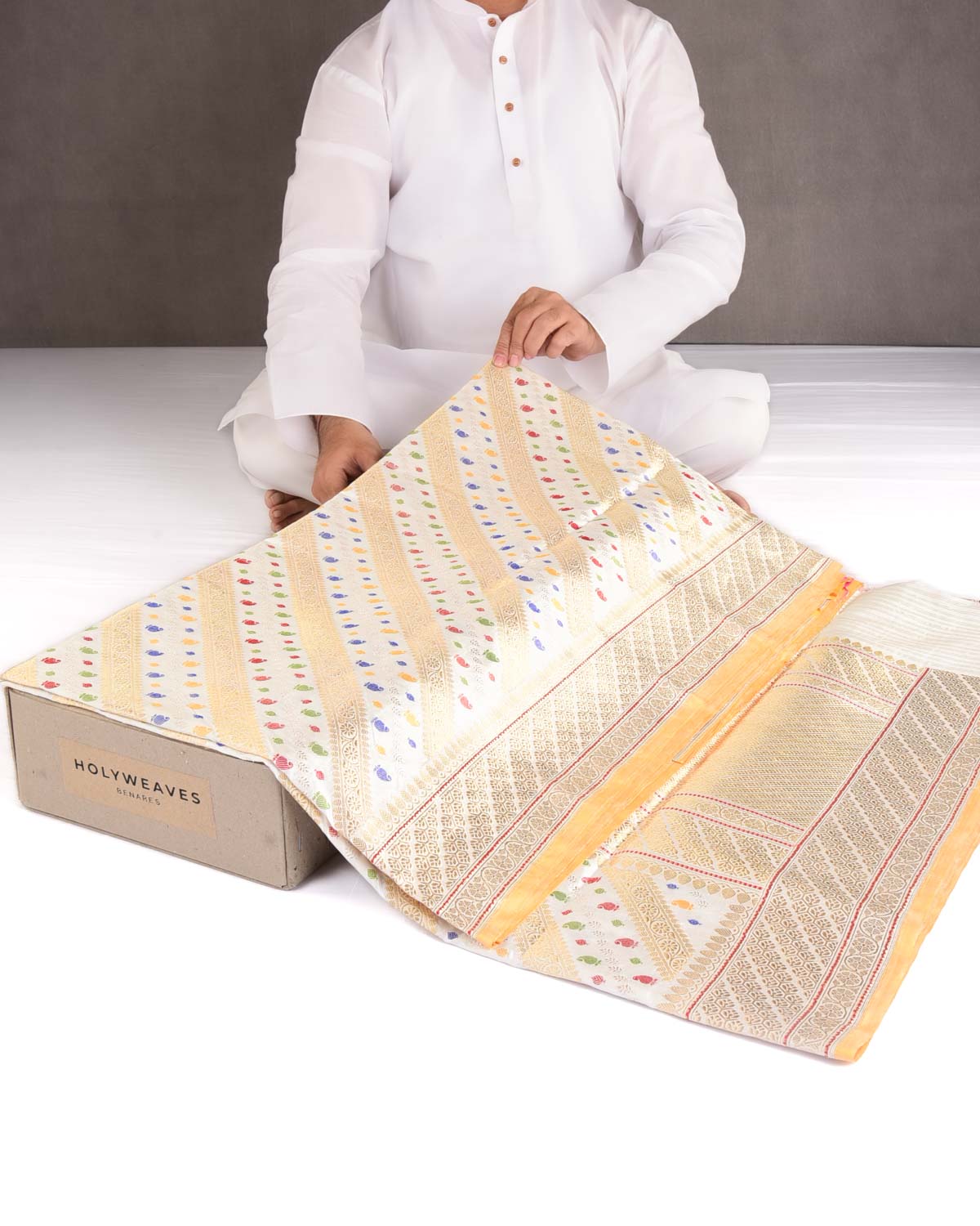 Ivory White Gold Silver Zari and Resham Diagonal Stripes Kadhuan Brocade Handwoven Katan Silk Banarasi Saree-HolyWeaves