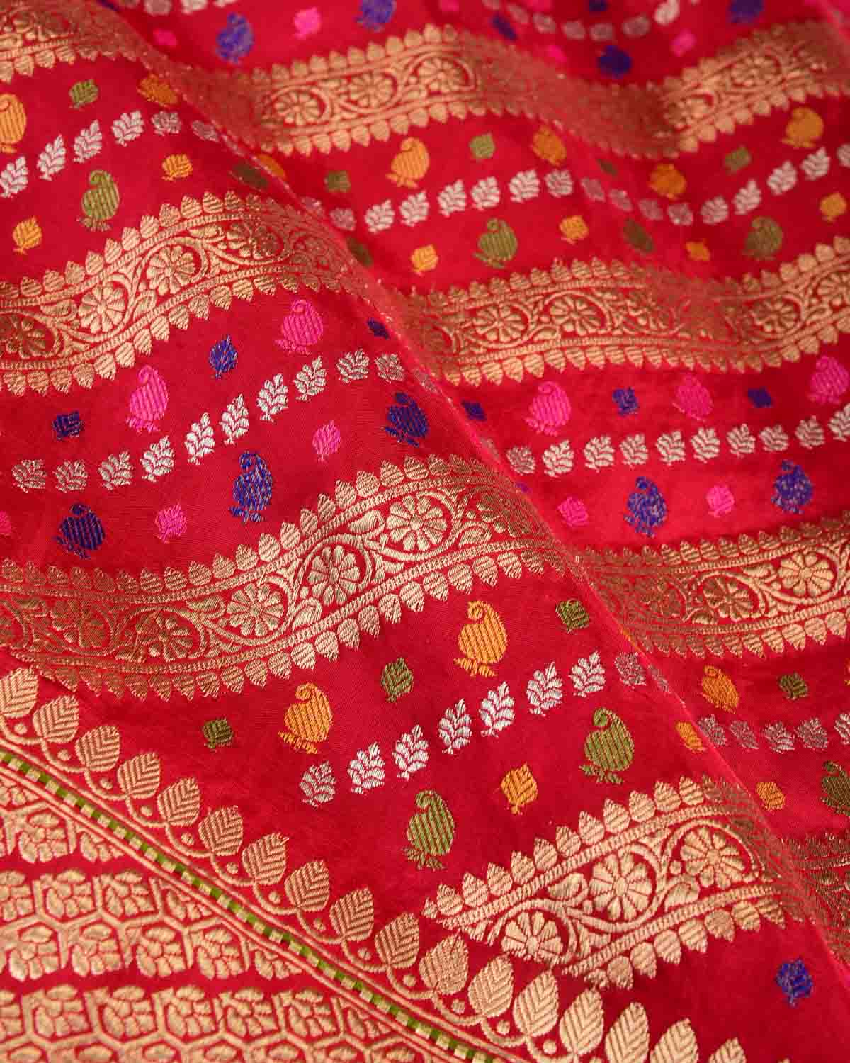 Bridal Red Gold Silver Zari and Resham Diagonal Stripes Kadhuan Brocade Handwoven Katan Silk Banarasi Saree-HolyWeaves