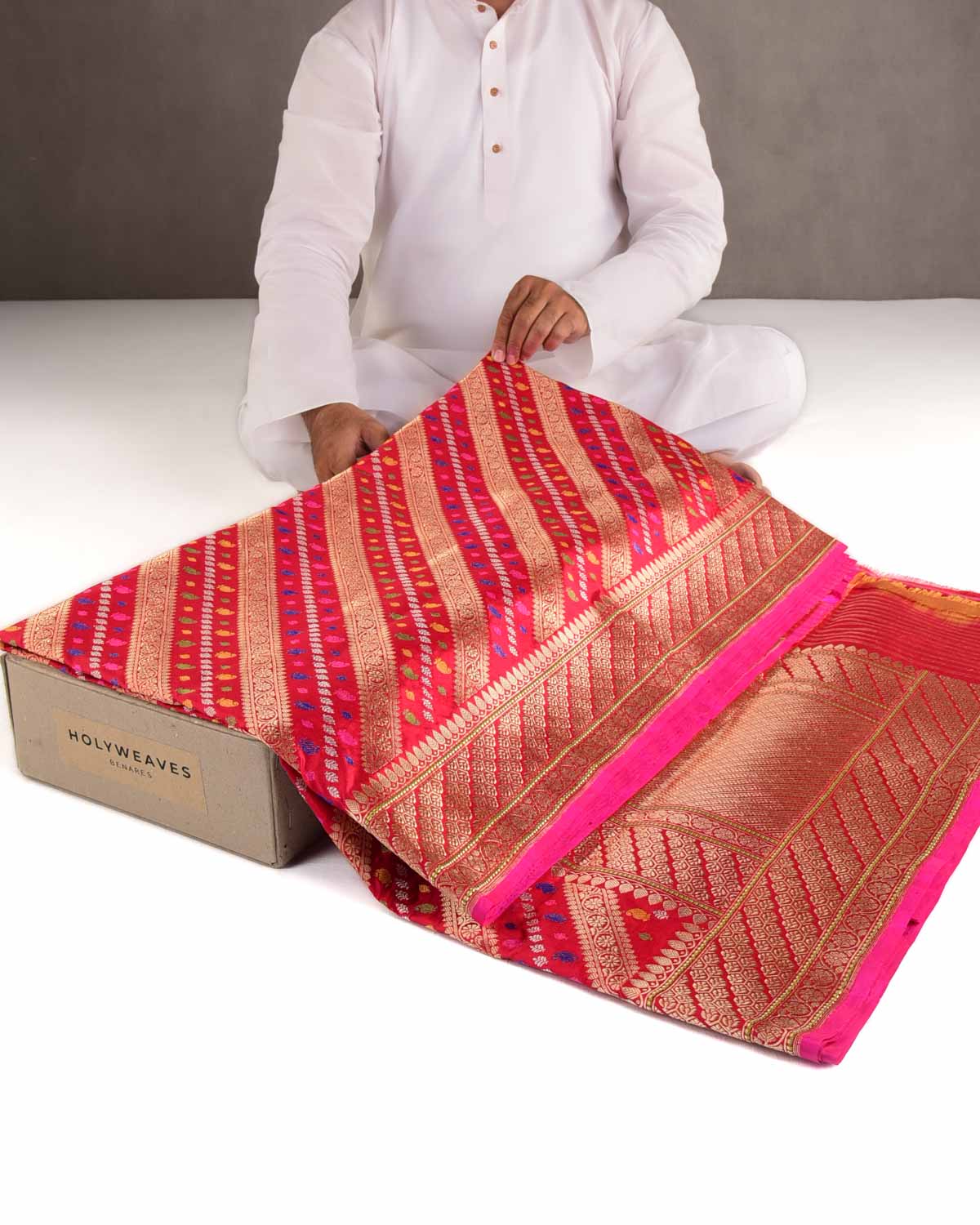 Bridal Red Gold Silver Zari and Resham Diagonal Stripes Kadhuan Brocade Handwoven Katan Silk Banarasi Saree-HolyWeaves