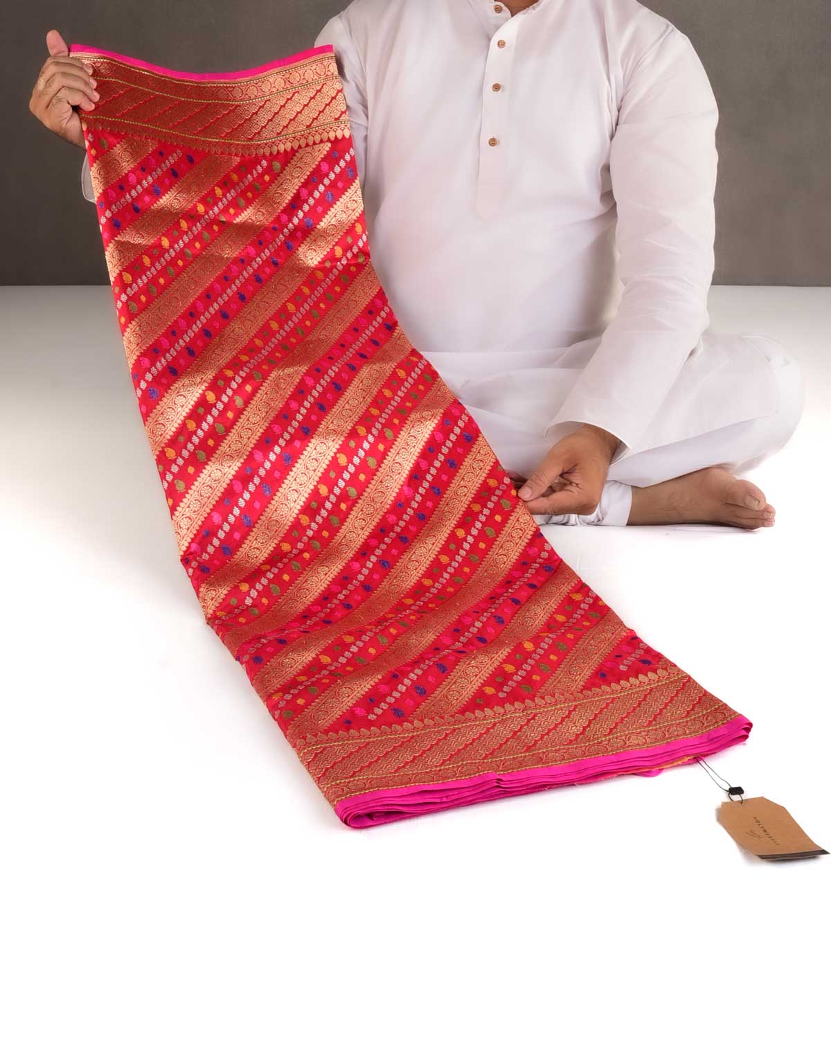 Bridal Red Gold Silver Zari and Resham Diagonal Stripes Kadhuan Brocade Handwoven Katan Silk Banarasi Saree-HolyWeaves