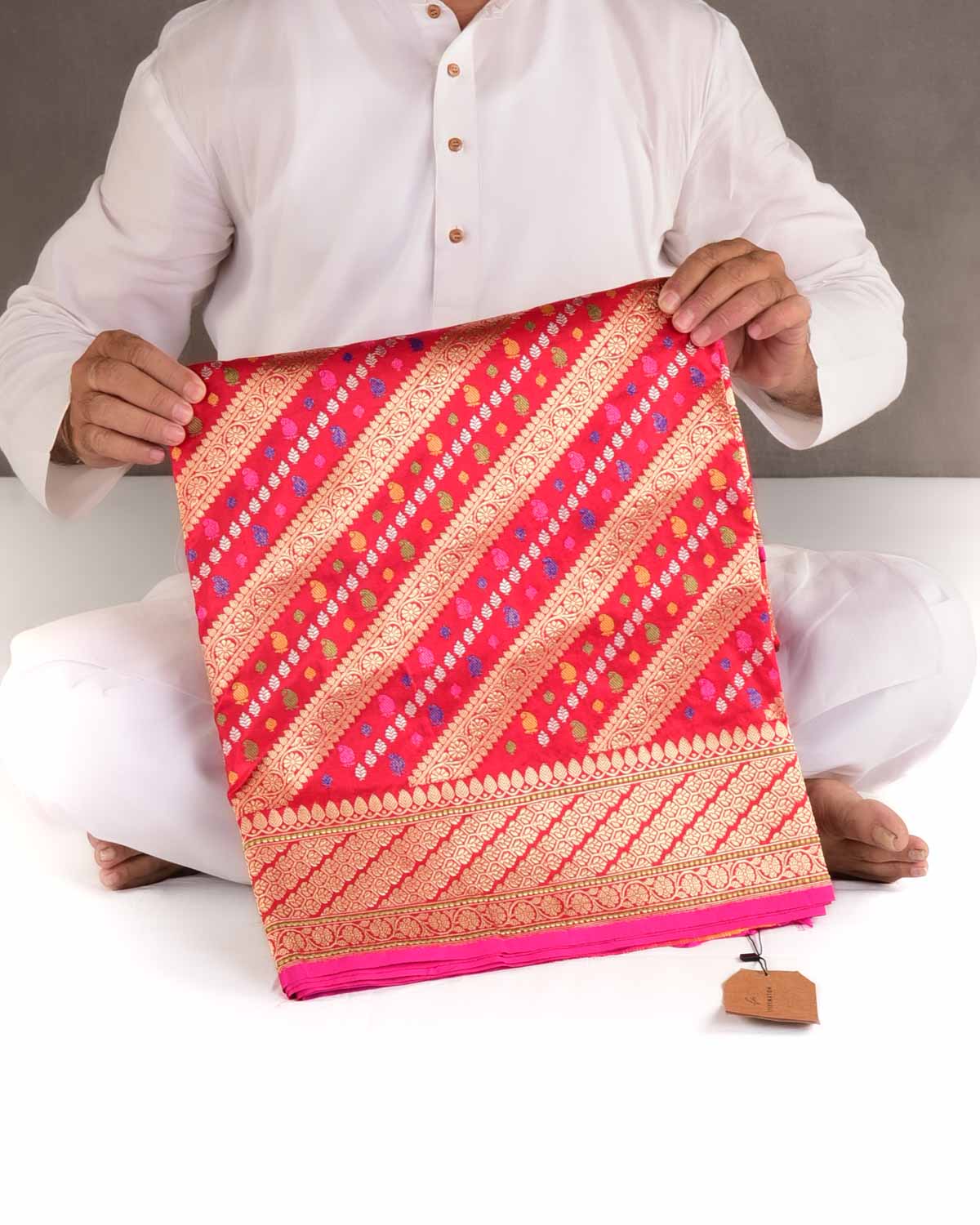 Bridal Red Gold Silver Zari and Resham Diagonal Stripes Kadhuan Brocade Handwoven Katan Silk Banarasi Saree-HolyWeaves