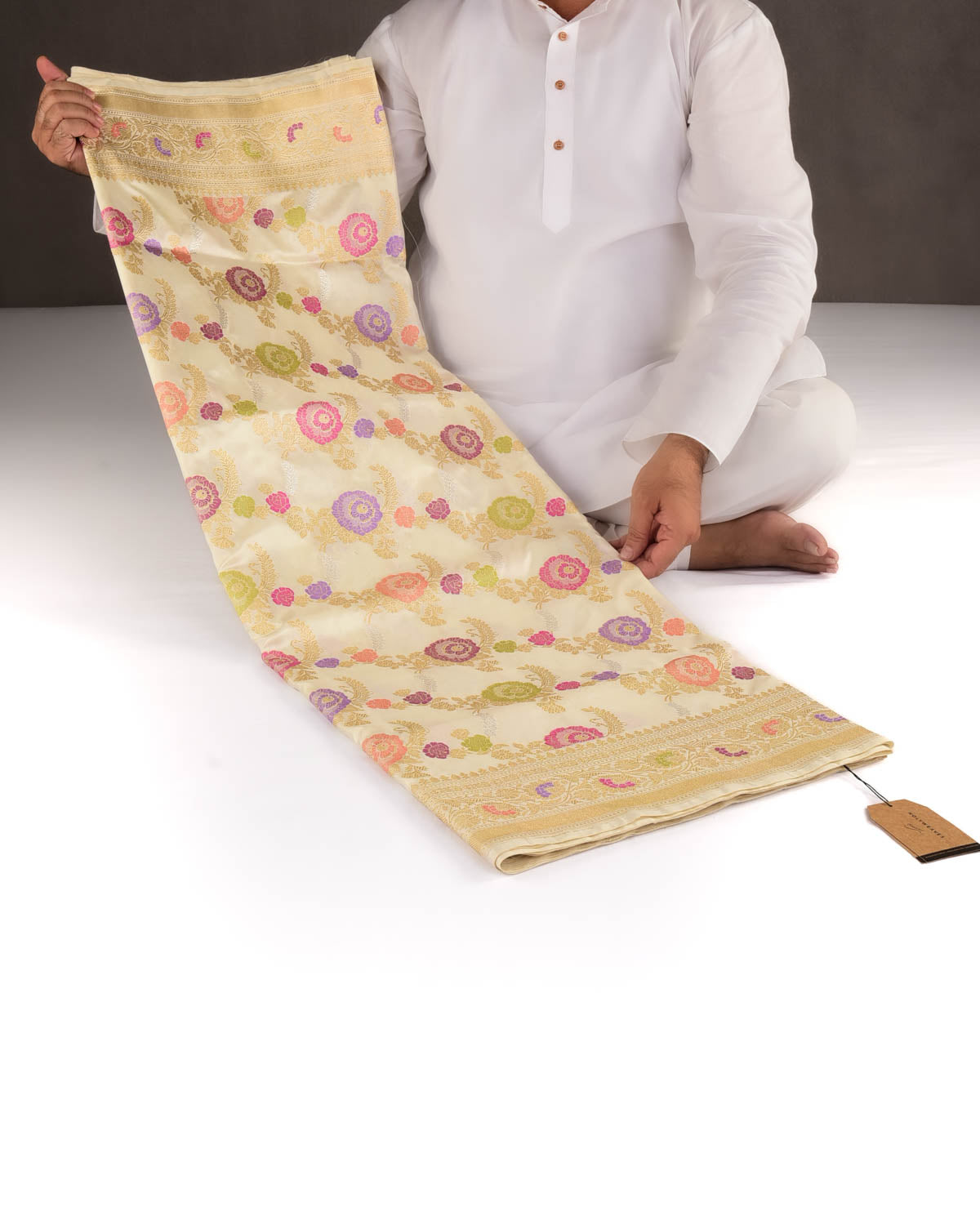 Cream Gold Silver And Resham Floral Jaal Kadhuan Brocade Handwoven Katan Silk Banarasi Saree-HolyWeaves