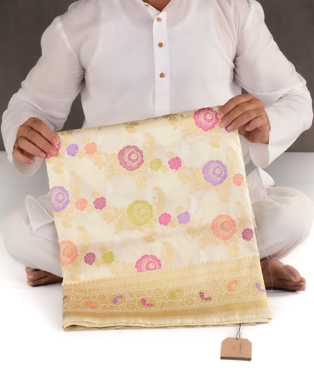 Cream Gold Silver And Resham Floral Jaal Kadhuan Brocade Handwoven Katan Silk Banarasi Saree-HolyWeaves