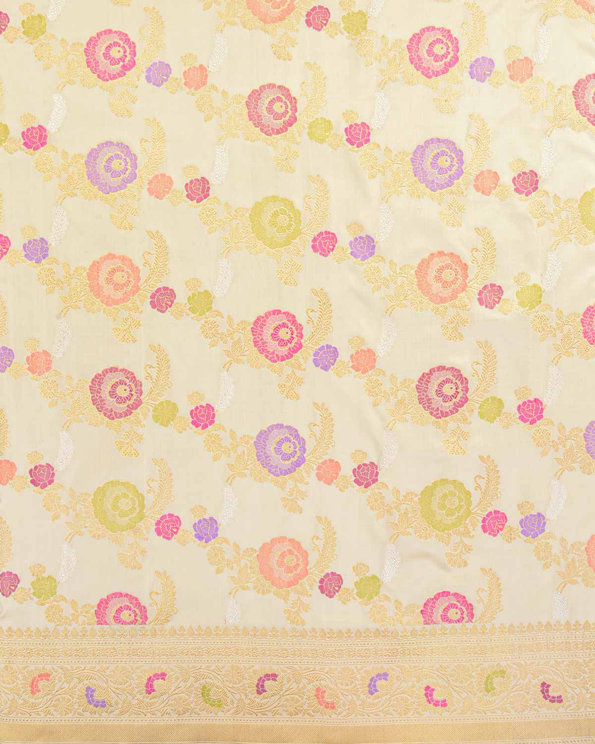 Cream Gold Silver And Resham Floral Jaal Kadhuan Brocade Handwoven Katan Silk Banarasi Saree-HolyWeaves