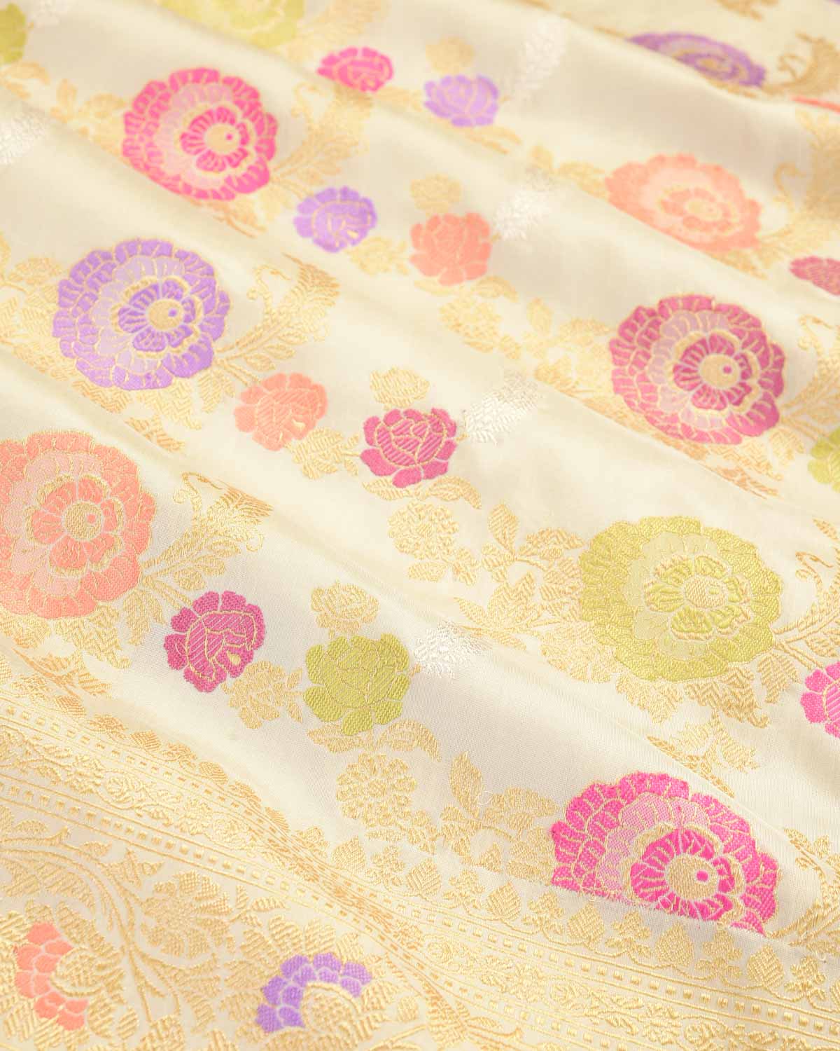 Cream Gold Silver And Resham Floral Jaal Kadhuan Brocade Handwoven Katan Silk Banarasi Saree-HolyWeaves