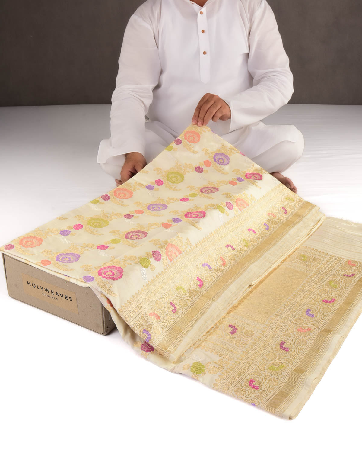 Cream Gold Silver And Resham Floral Jaal Kadhuan Brocade Handwoven Katan Silk Banarasi Saree-HolyWeaves