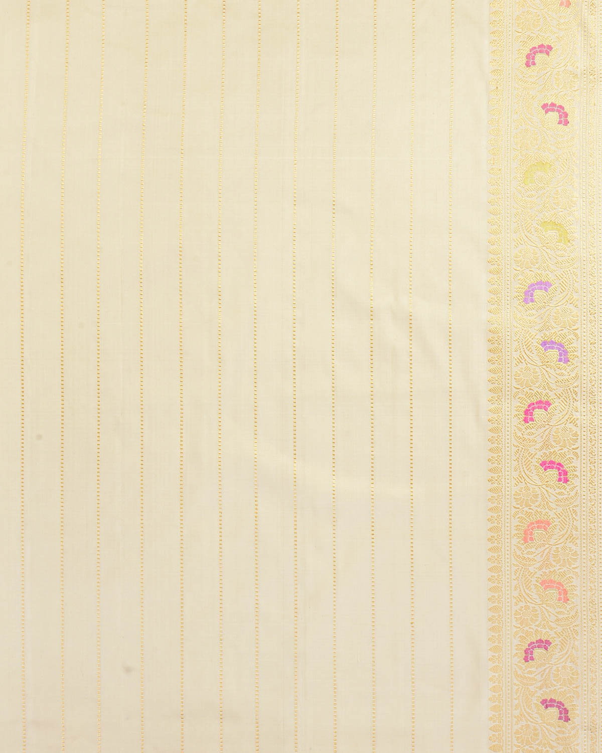 Cream Gold Silver And Resham Floral Jaal Kadhuan Brocade Handwoven Katan Silk Banarasi Saree-HolyWeaves