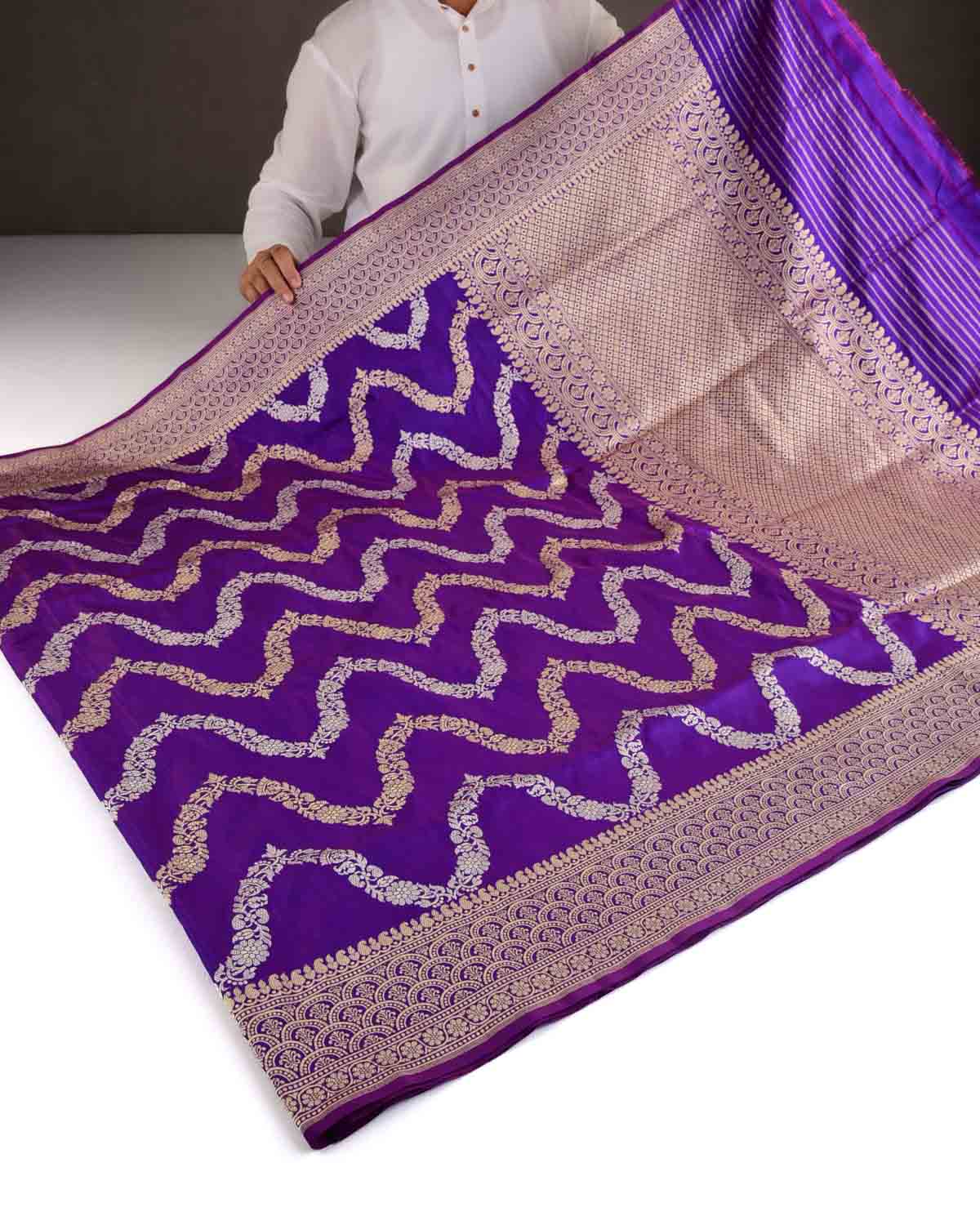 Shot Purple Metallic Gold & Silver Zari Ornament Chevron Waves Kadhuan Brocade Handwoven Katan Silk Banarasi Saree-HolyWeaves