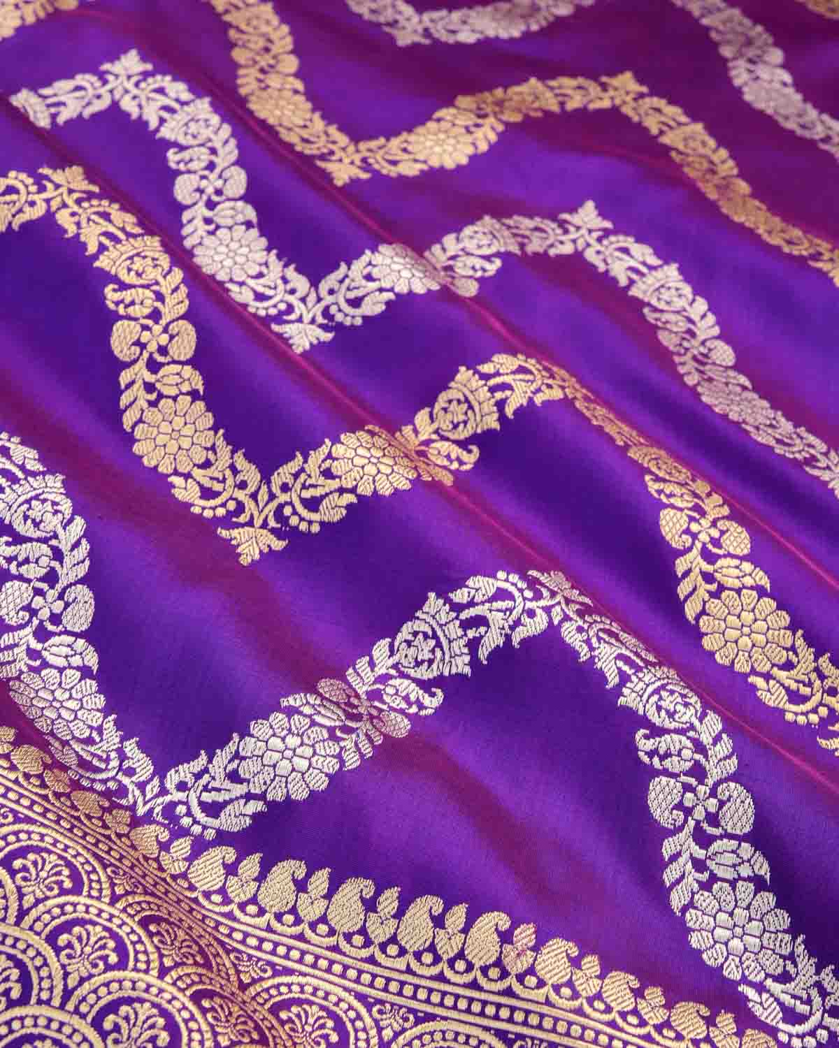 Shot Purple Metallic Gold & Silver Zari Ornament Chevron Waves Kadhuan Brocade Handwoven Katan Silk Banarasi Saree-HolyWeaves
