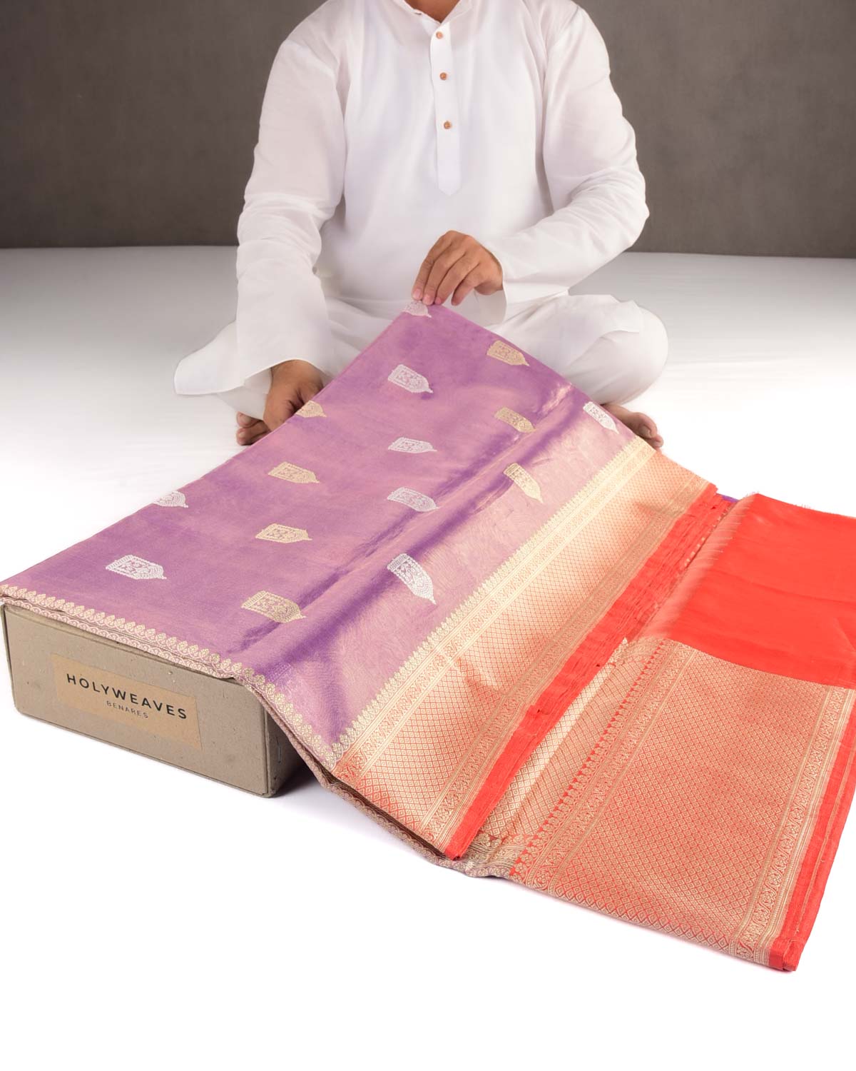 Metallic Mauve Metallic Gold & Silver Zari Buti Kadhuan Brocade Handwoven Kora Tissue Banarasi Saree-HolyWeaves