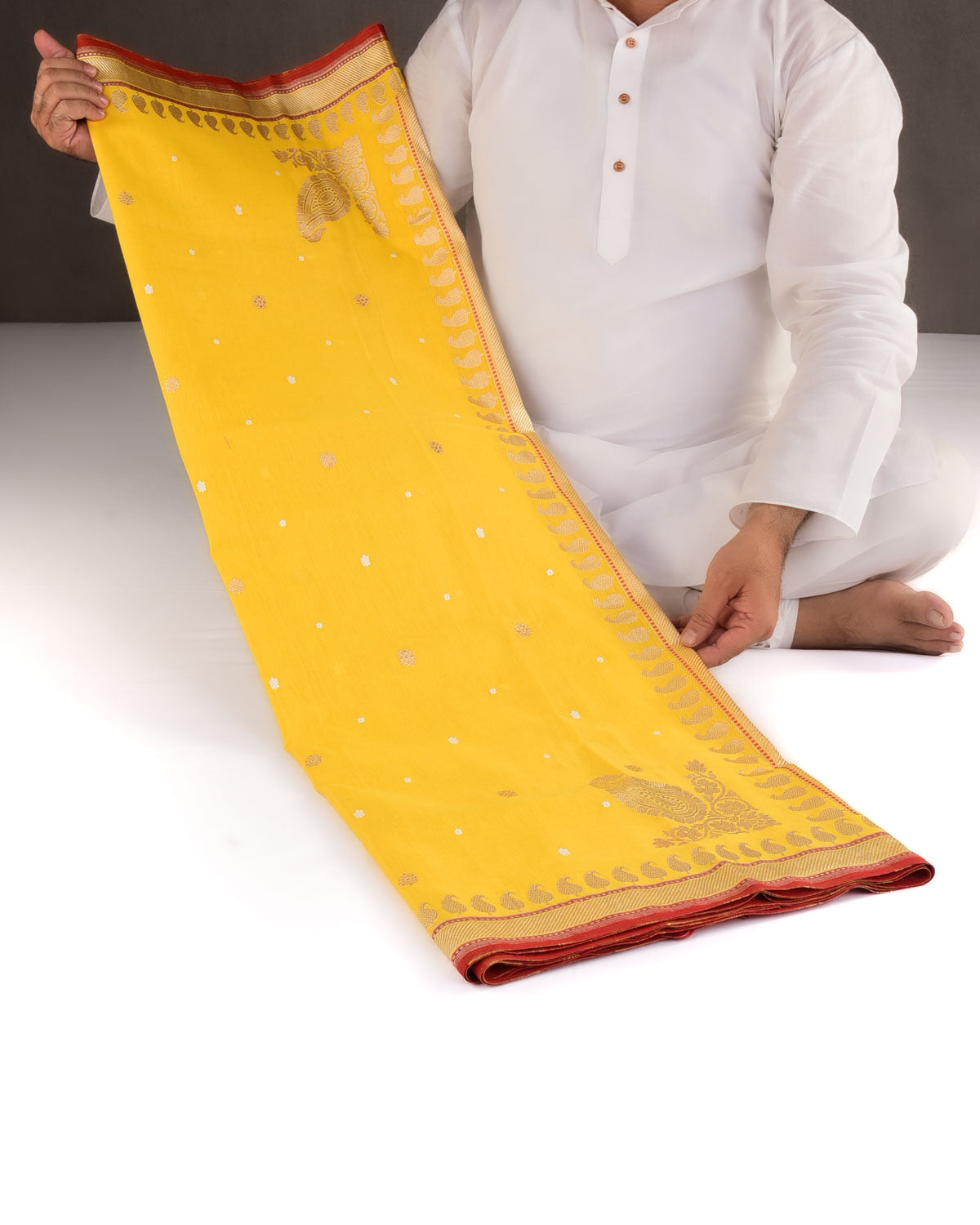 Yellow Pitambari Gold & Silver Zari Buti Kadhuan Brocade Handwoven Cotton Banarasi Saree with Koniya Buta-HolyWeaves