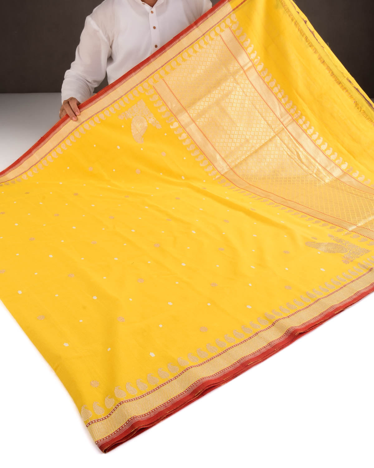 Yellow Pitambari Gold & Silver Zari Buti Kadhuan Brocade Handwoven Cotton Banarasi Saree with Koniya Buta-HolyWeaves