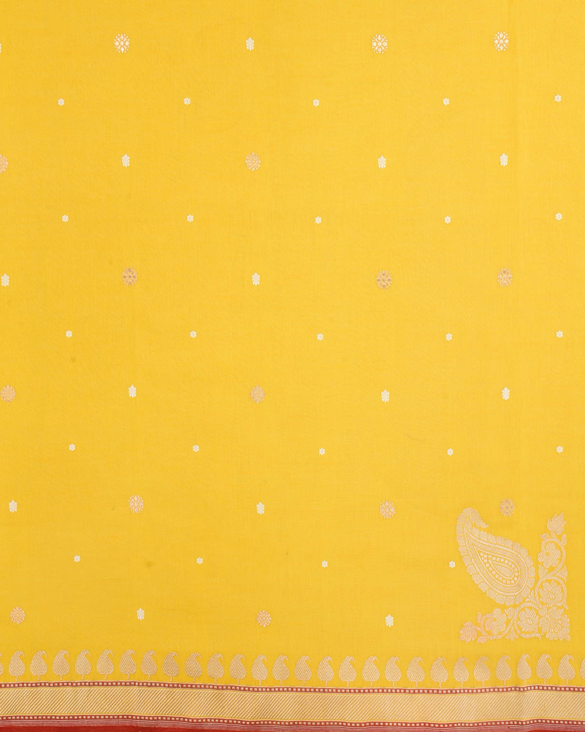 Yellow Pitambari Gold & Silver Zari Buti Kadhuan Brocade Handwoven Cotton Banarasi Saree with Koniya Buta-HolyWeaves