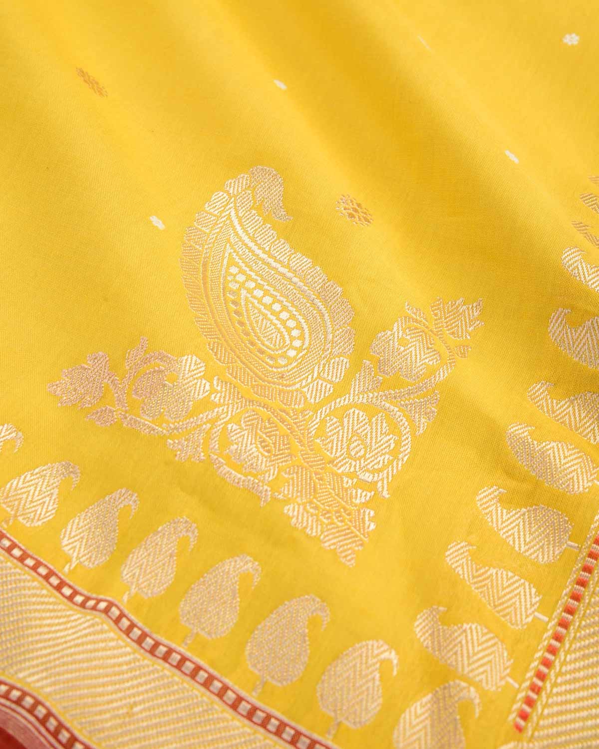 Yellow Pitambari Gold & Silver Zari Buti Kadhuan Brocade Handwoven Cotton Banarasi Saree with Koniya Buta-HolyWeaves