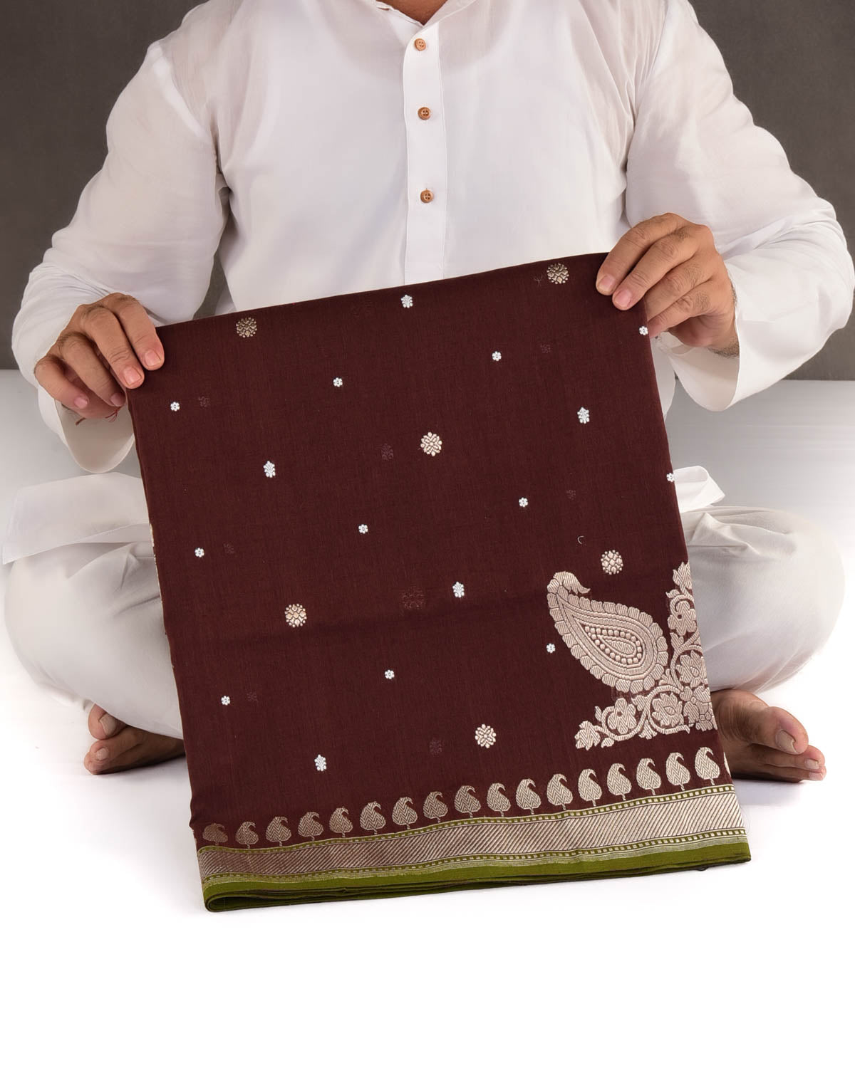 Brown Mrinalambari Gold & Silver Zari Buti Kadhuan Brocade Handwoven Cotton Banarasi Saree with Koniya Buta-HolyWeaves