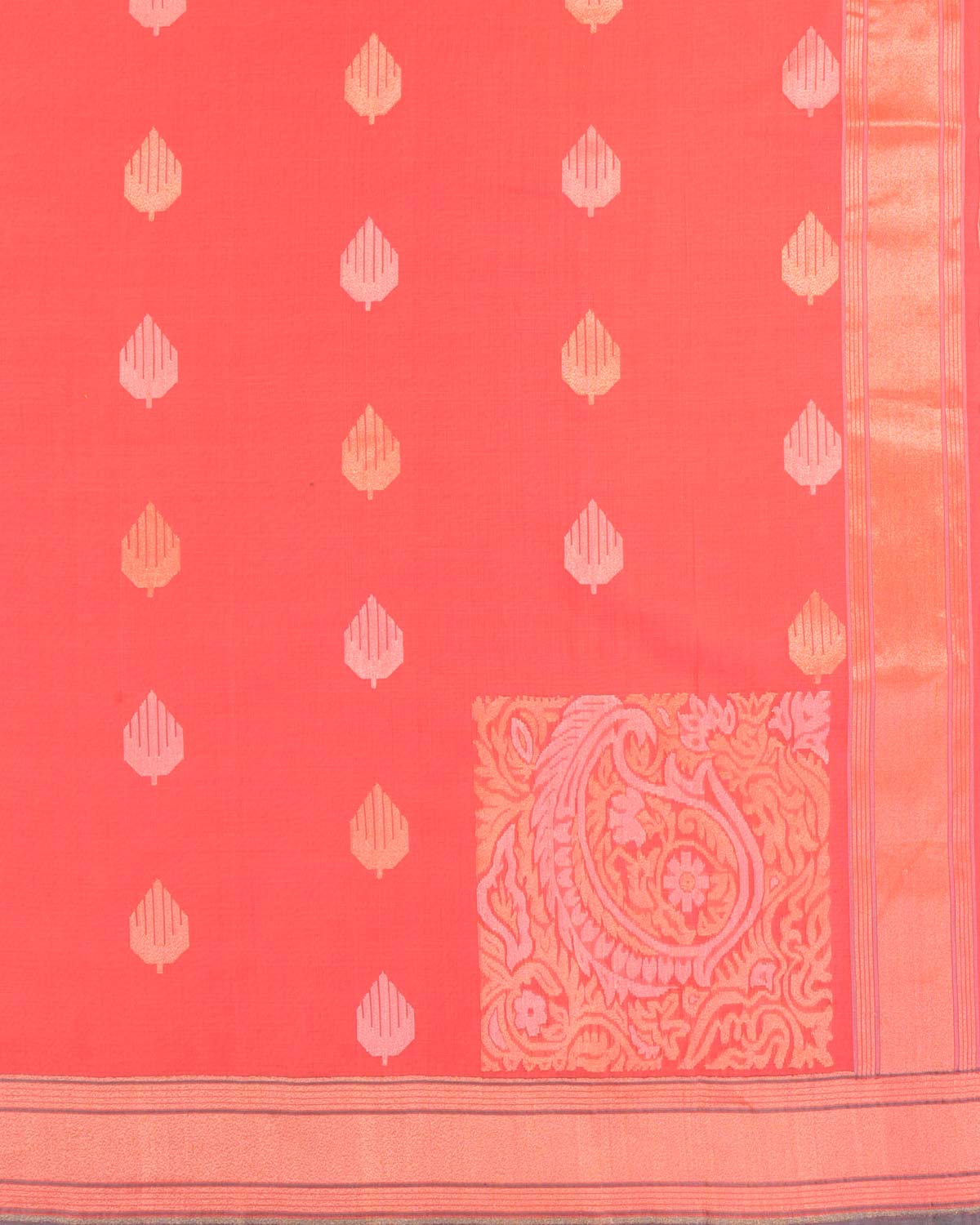 Orange Kesharambari Gold & Silver Zari Buti Kadhuan Brocade Handwoven Cotton Banarasi Saree with Koniya Buta-HolyWeaves