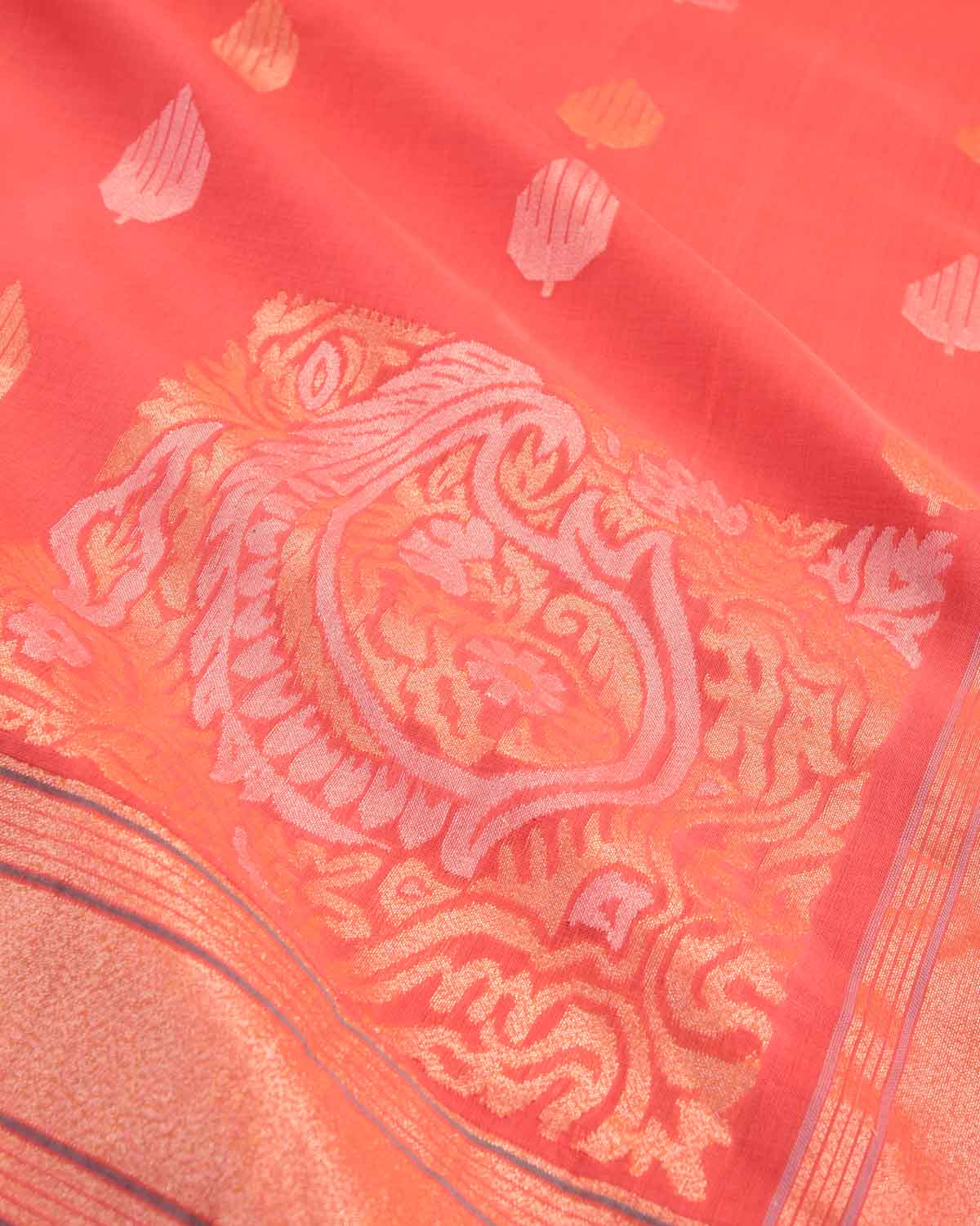 Orange Kesharambari Gold & Silver Zari Buti Kadhuan Brocade Handwoven Cotton Banarasi Saree with Koniya Buta-HolyWeaves