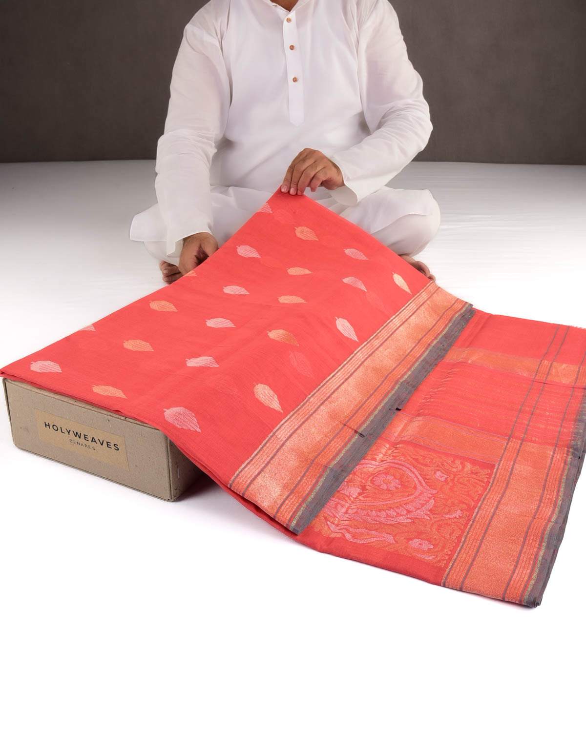 Orange Kesharambari Gold & Silver Zari Buti Kadhuan Brocade Handwoven Cotton Banarasi Saree with Koniya Buta-HolyWeaves