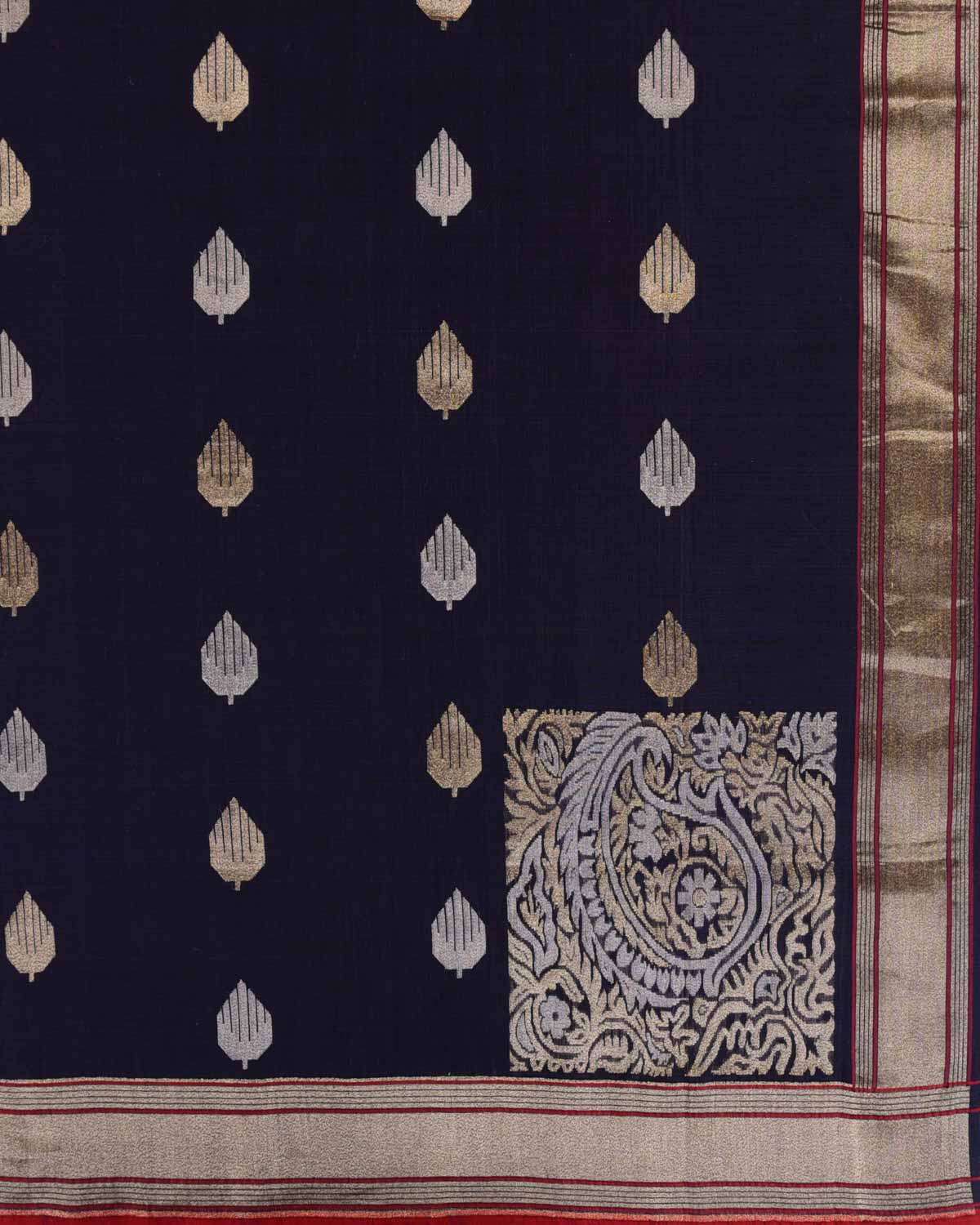 Matte Navy Blue Nilambari Gold & Silver Zari Buti Kadhuan Brocade Handwoven Cotton Banarasi Saree with Koniya Buta & Red Selvage-HolyWeaves