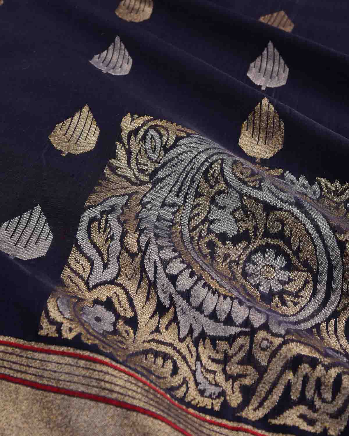 Matte Navy Blue Nilambari Gold & Silver Zari Buti Kadhuan Brocade Handwoven Cotton Banarasi Saree with Koniya Buta & Red Selvage-HolyWeaves