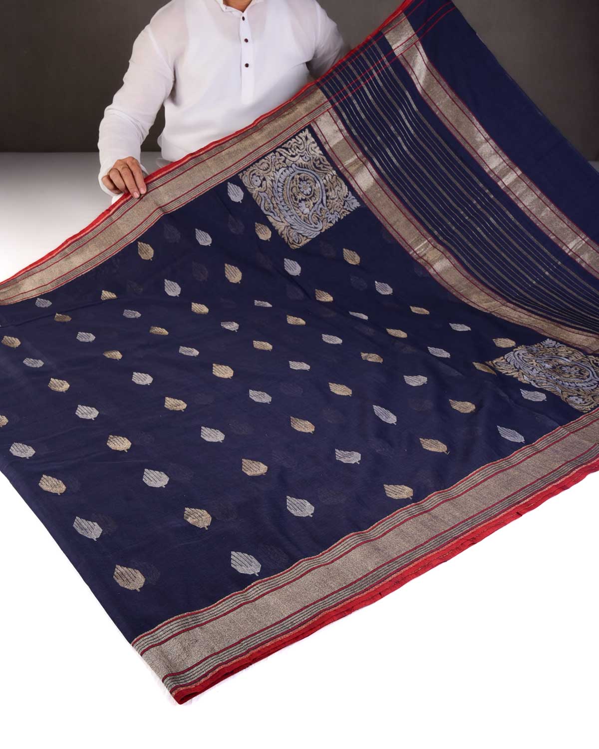 Matte Navy Blue Nilambari Gold & Silver Zari Buti Kadhuan Brocade Handwoven Cotton Banarasi Saree with Koniya Buta & Red Selvage-HolyWeaves