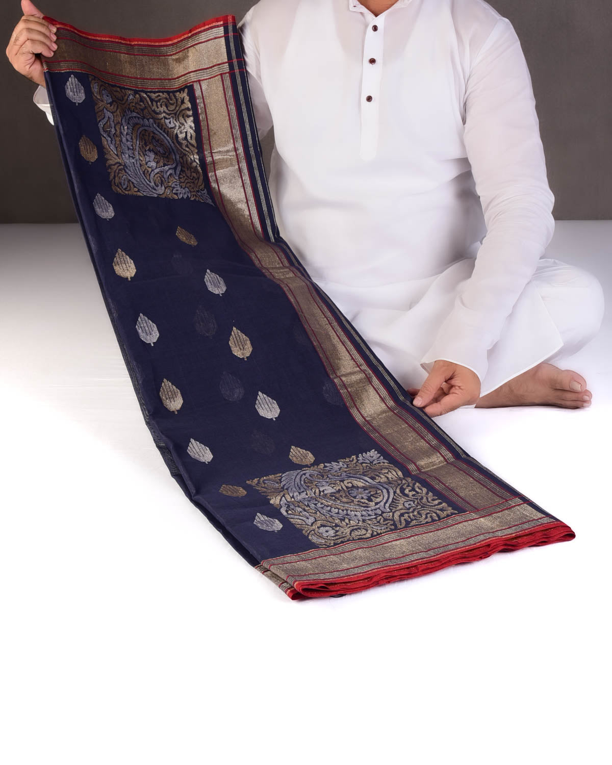 Matte Navy Blue Nilambari Gold & Silver Zari Buti Kadhuan Brocade Handwoven Cotton Banarasi Saree with Koniya Buta & Red Selvage-HolyWeaves