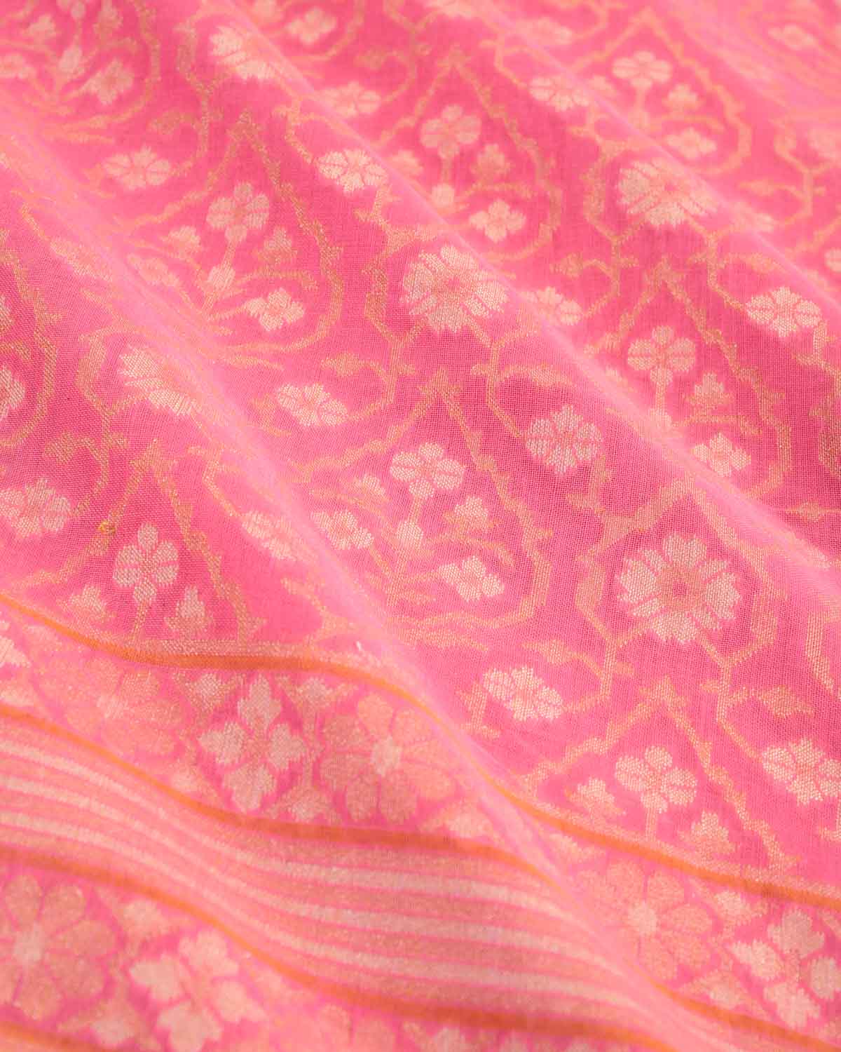 Light Coral Pink Padmambari Gold & Silver Zari Jaal Cutwork Brocade Handwoven Cotton Banarasi Saree with Koniya Buta-HolyWeaves