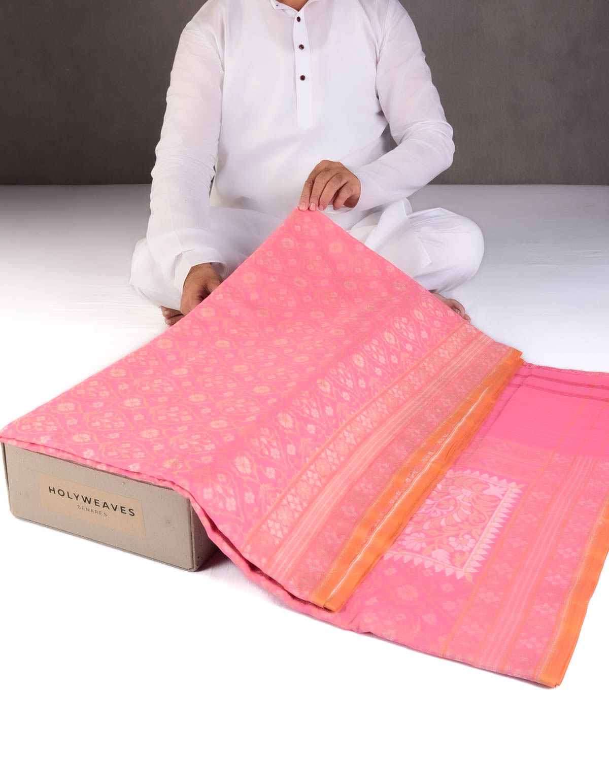 Light Coral Pink Padmambari Gold & Silver Zari Jaal Cutwork Brocade Handwoven Cotton Banarasi Saree with Koniya Buta-HolyWeaves