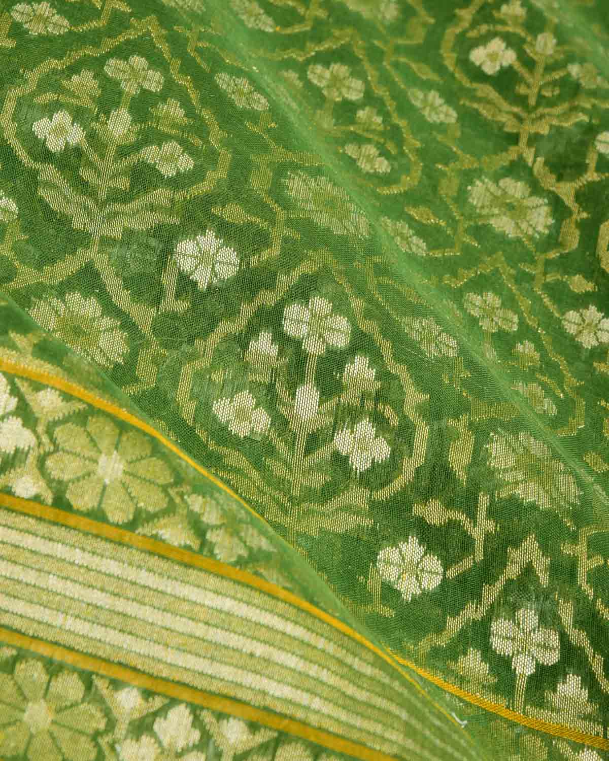 Green Haritambari Gold & Silver Zari Jaal Cutwork Brocade Handwoven Cotton Banarasi Saree with Koniya Buta-HolyWeaves