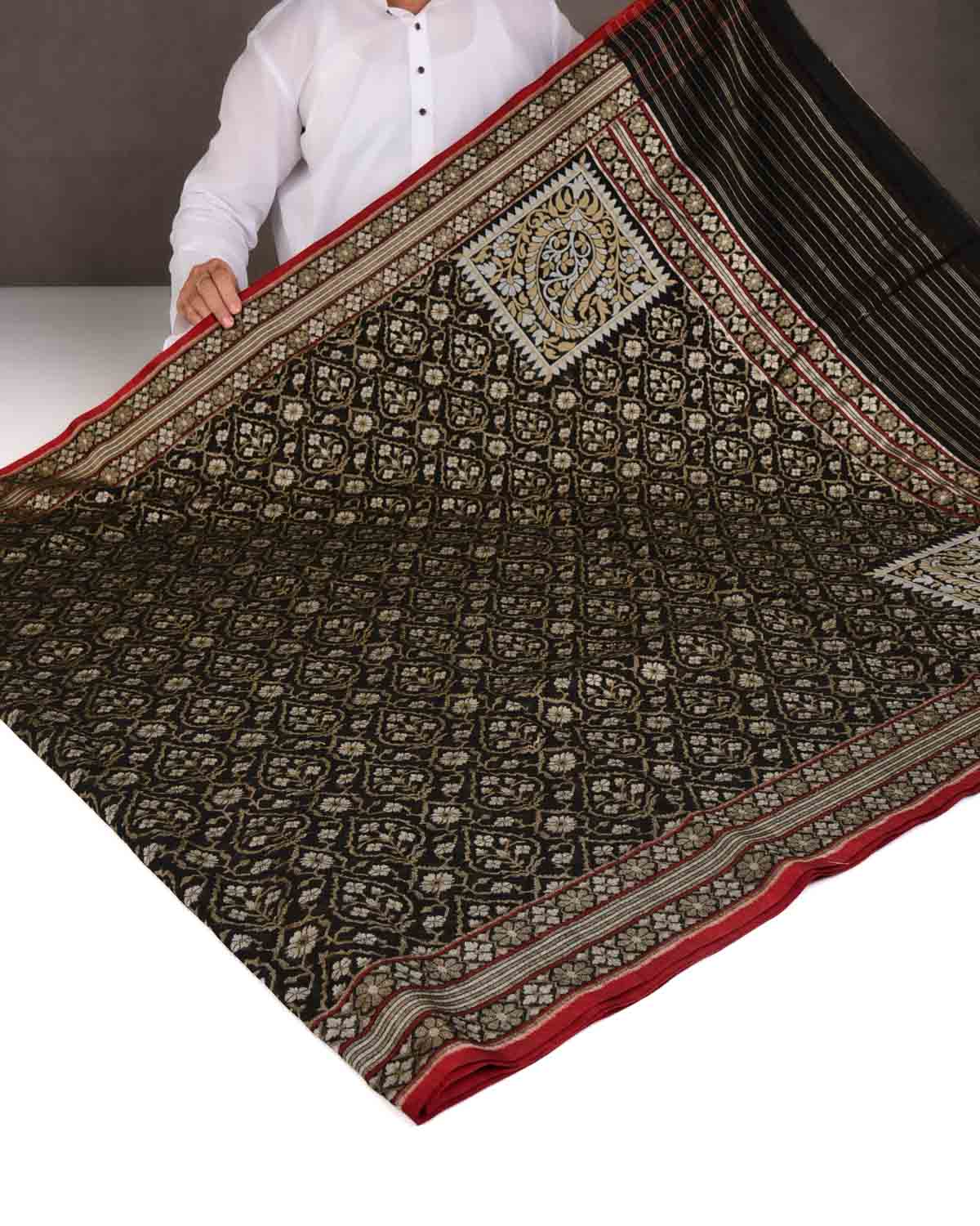 Black Krishnambari Gold & Silver Zari Jaal Cutwork Brocade Handwoven Cotton Banarasi Saree with Koniya Buta-HolyWeaves