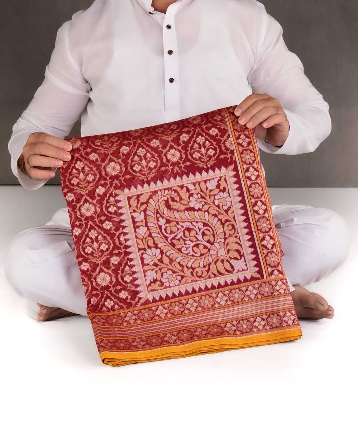 Maroon Rakhtambari Gold & Silver Zari Jaal Cutwork Brocade Handwoven Cotton Banarasi Saree with Koniya Buta-HolyWeaves