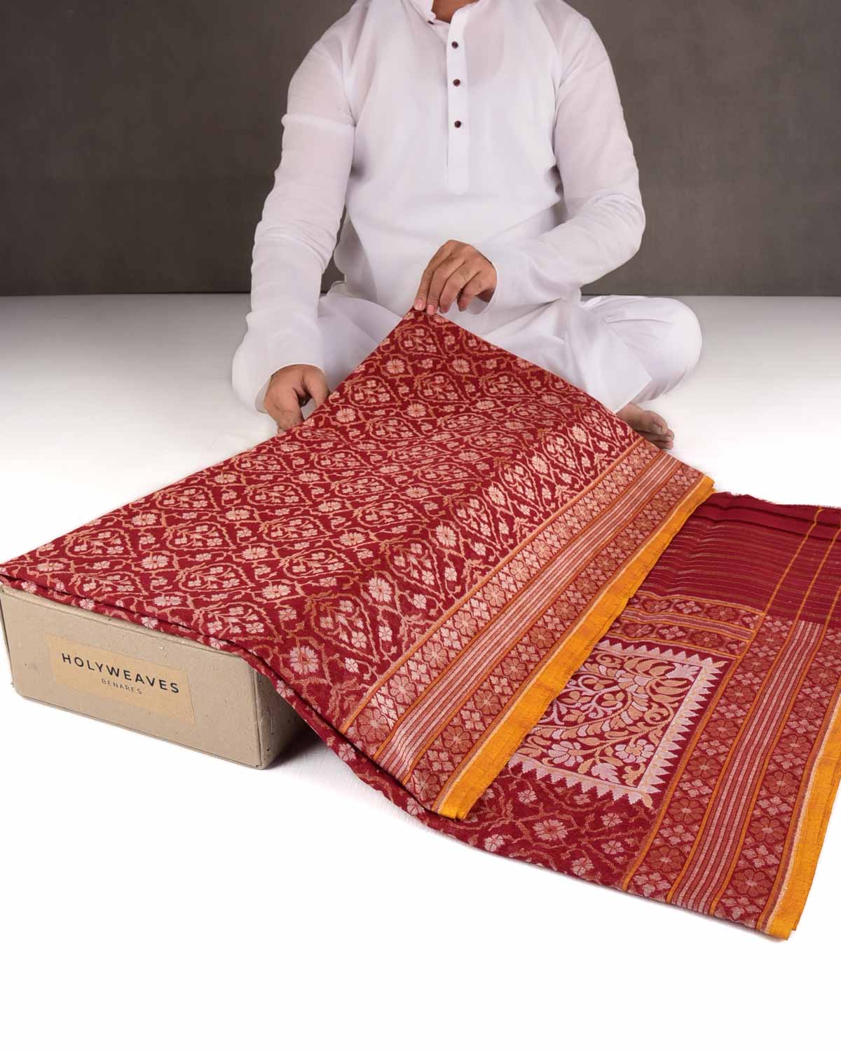 Maroon Rakhtambari Gold & Silver Zari Jaal Cutwork Brocade Handwoven Cotton Banarasi Saree with Koniya Buta-HolyWeaves