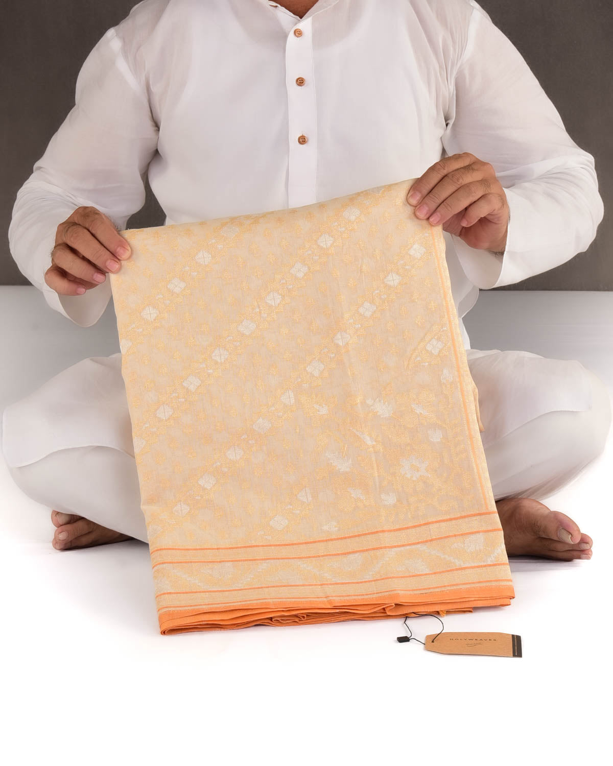 Cream Shwetambari Gold & Silver Zari Diagonal Ornament Stripes Cutwork Brocade Handwoven Cotton Banarasi Saree with Koniya Buta-HolyWeaves