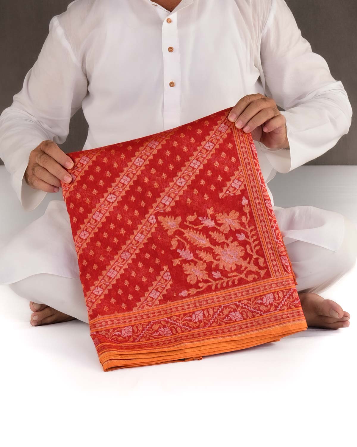 Red Rakhtambari Gold & Silver Zari Diagonal Ornament Stripes Cutwork Brocade Handwoven Cotton Banarasi Saree with Koniya Buta-HolyWeaves