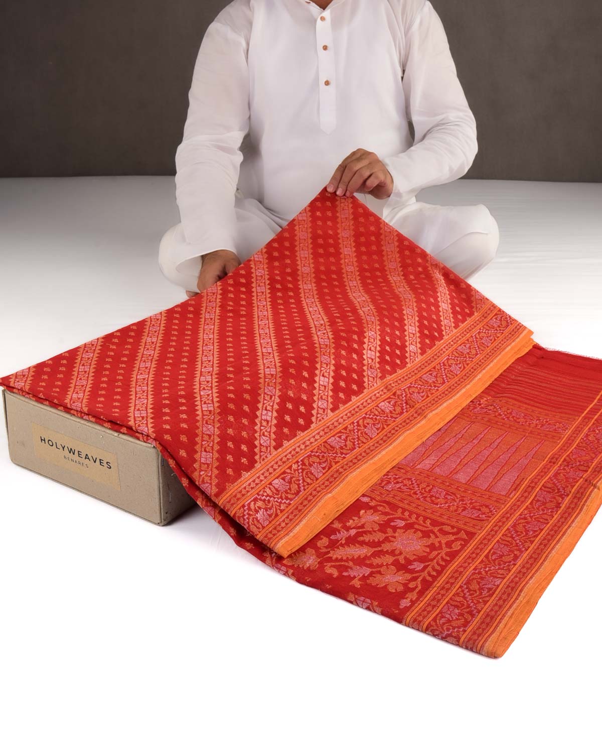 Red Rakhtambari Gold & Silver Zari Diagonal Ornament Stripes Cutwork Brocade Handwoven Cotton Banarasi Saree with Koniya Buta-HolyWeaves