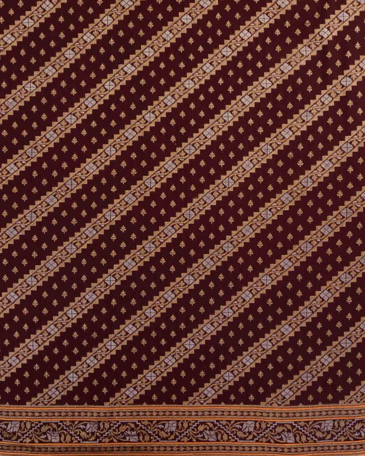 Mahogany Mrinalambari Gold & Silver Zari Diagonal Ornament Stripes Cutwork Brocade Handwoven Cotton Banarasi Saree with Koniya Buta-HolyWeaves