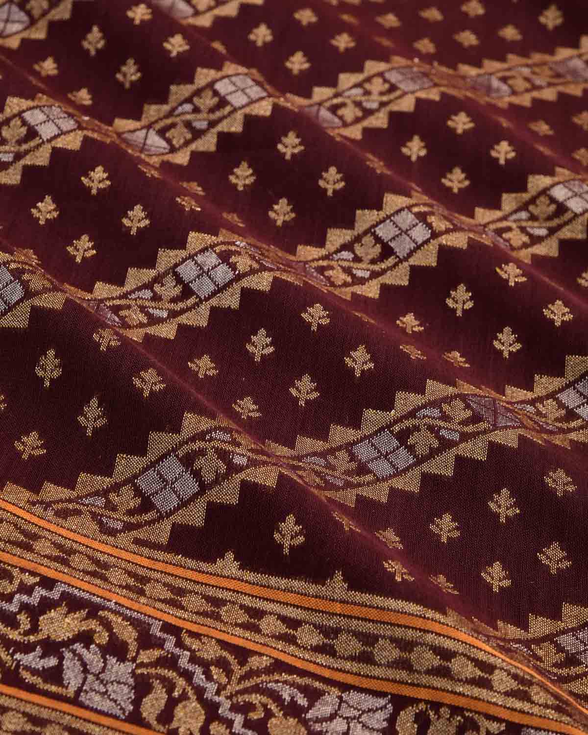 Mahogany Mrinalambari Gold & Silver Zari Diagonal Ornament Stripes Cutwork Brocade Handwoven Cotton Banarasi Saree with Koniya Buta-HolyWeaves