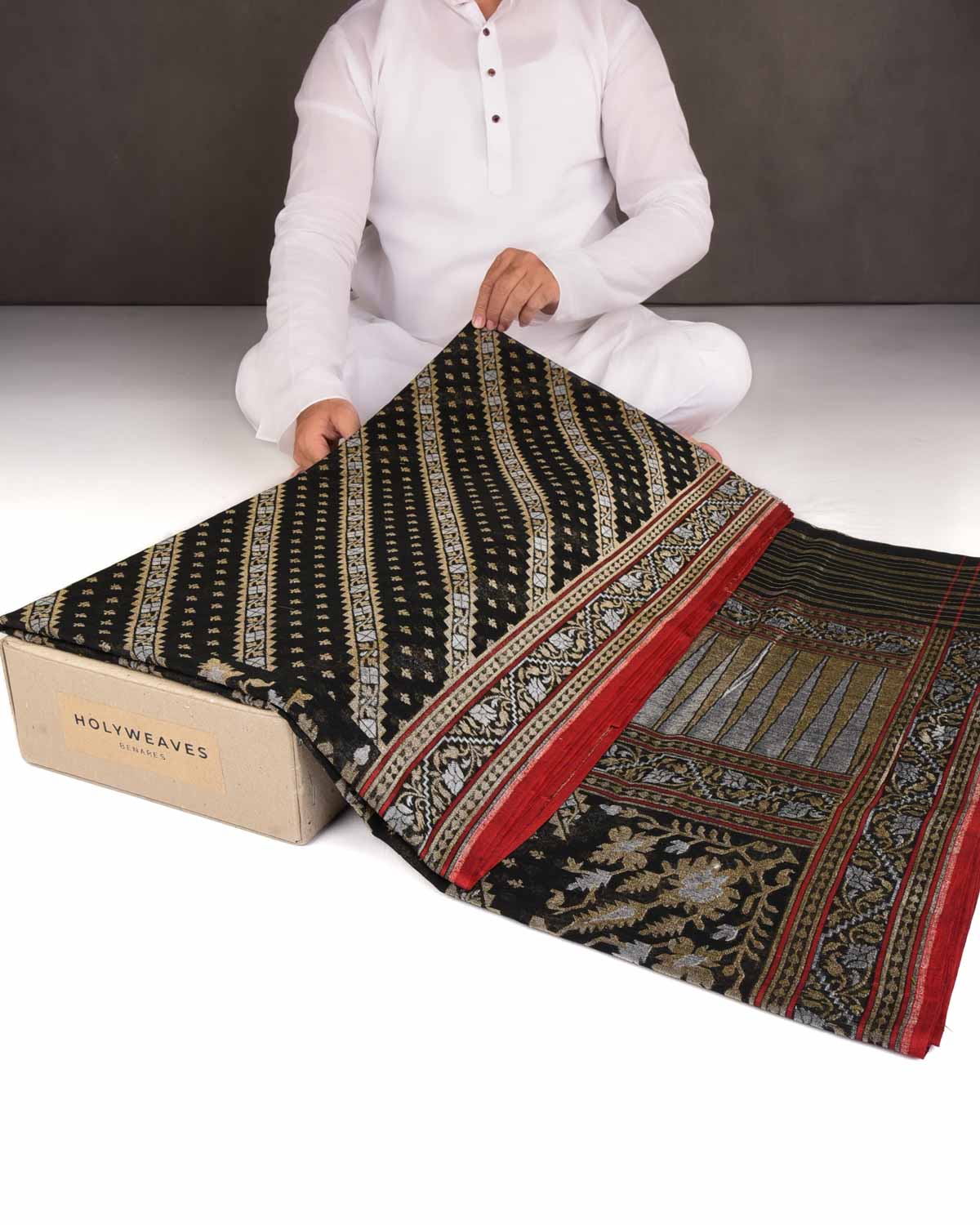 Black Krishnambari Gold & Silver Zari Diagonal Ornament Stripes Cutwork Brocade Handwoven Cotton Banarasi Saree with Koniya Buta-HolyWeaves