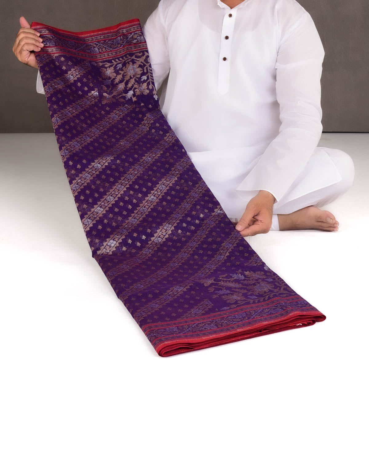 Purple Nilambari Gold & Silver Zari Diagonal Ornament Stripes Cutwork Brocade Handwoven Cotton Banarasi Saree with Koniya Buta-HolyWeaves