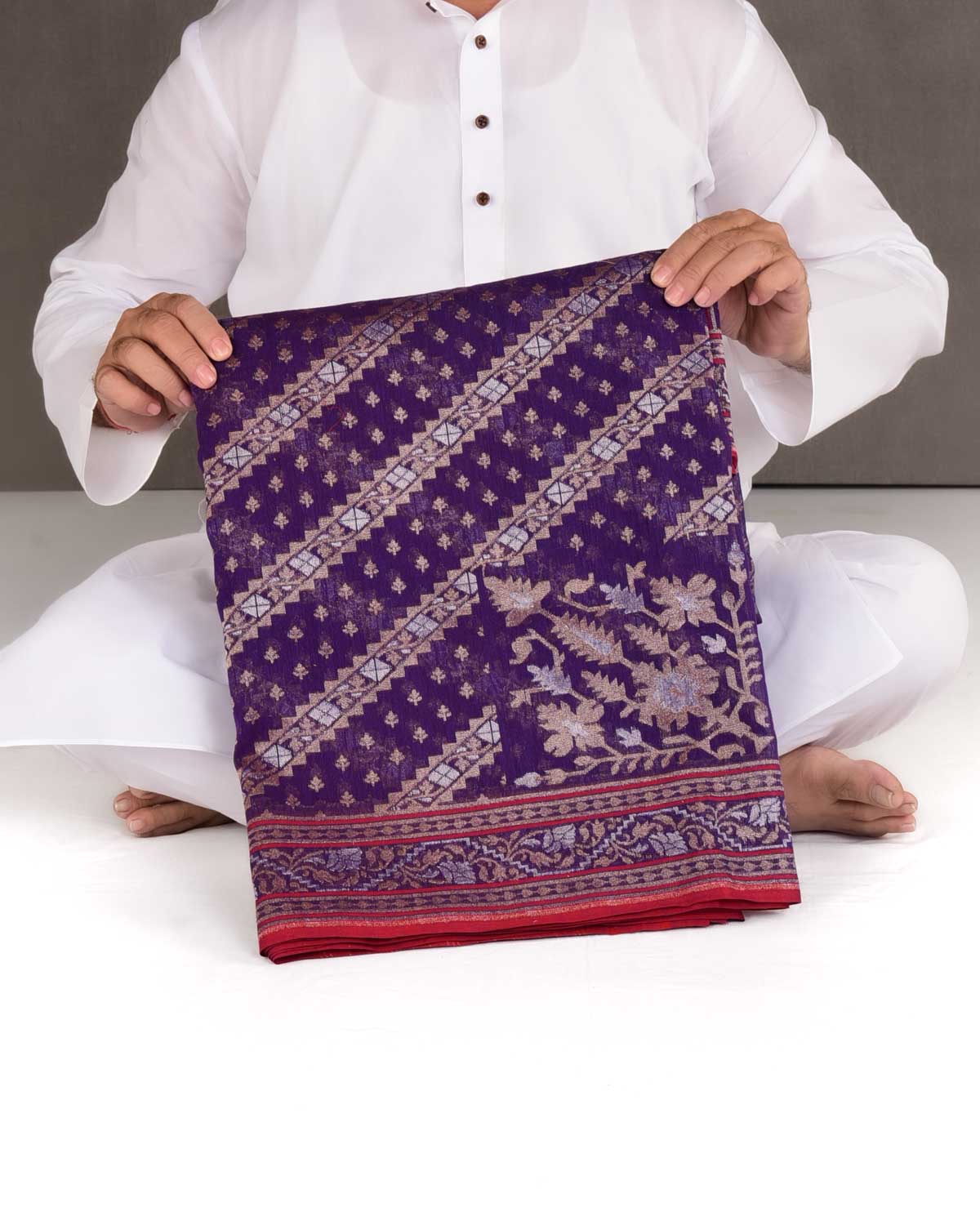 Purple Nilambari Gold & Silver Zari Diagonal Ornament Stripes Cutwork Brocade Handwoven Cotton Banarasi Saree with Koniya Buta-HolyWeaves